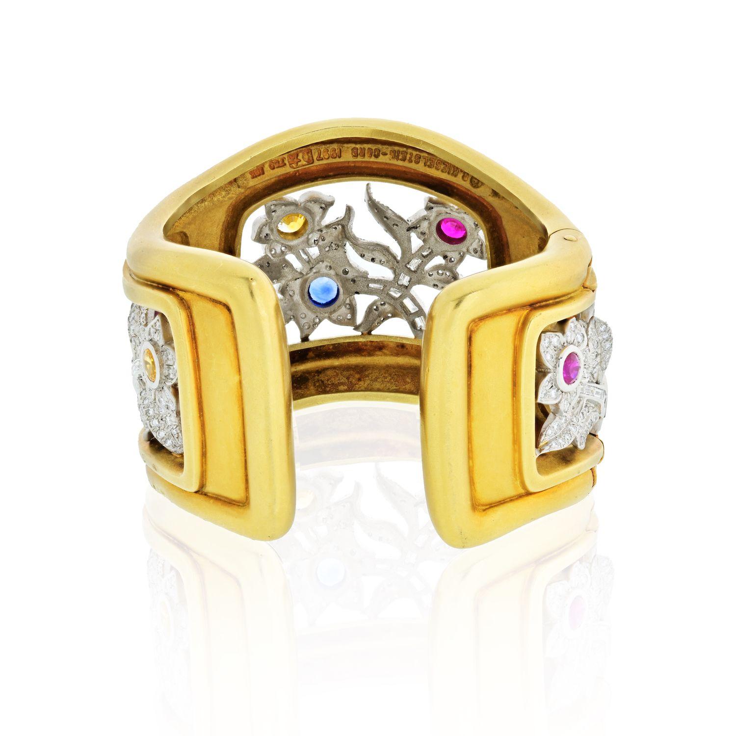 Modern Kieselstein Cord Platinum & 18k Yellow Gold Floral Diamond Cuff Bangle Bracelet