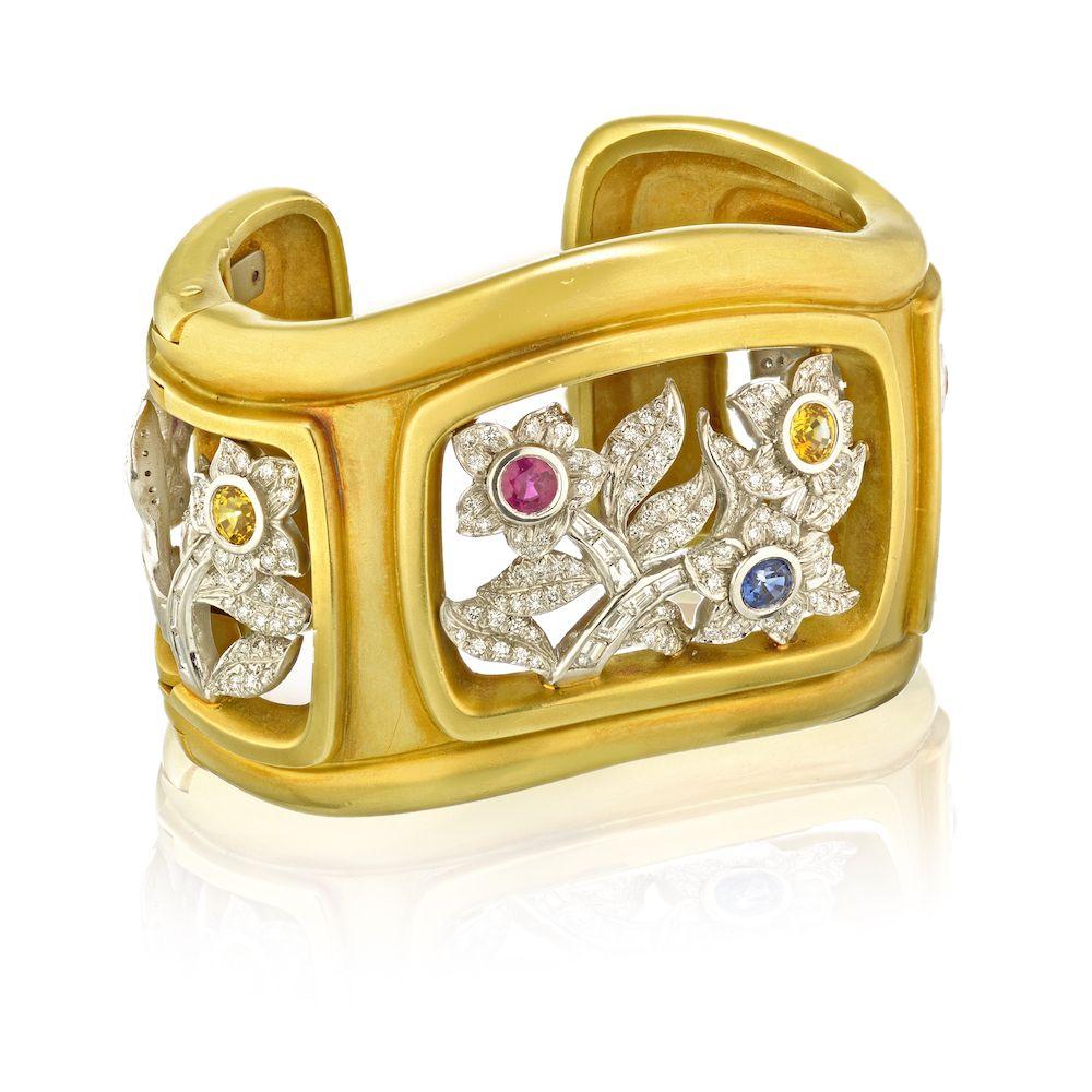 Women's Kieselstein Cord Platinum & 18k Yellow Gold Floral Diamond Cuff Bangle Bracelet