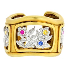 Kieselstein Cord Platinum & 18k Yellow Gold Floral Diamond Cuff Bangle Bracelet