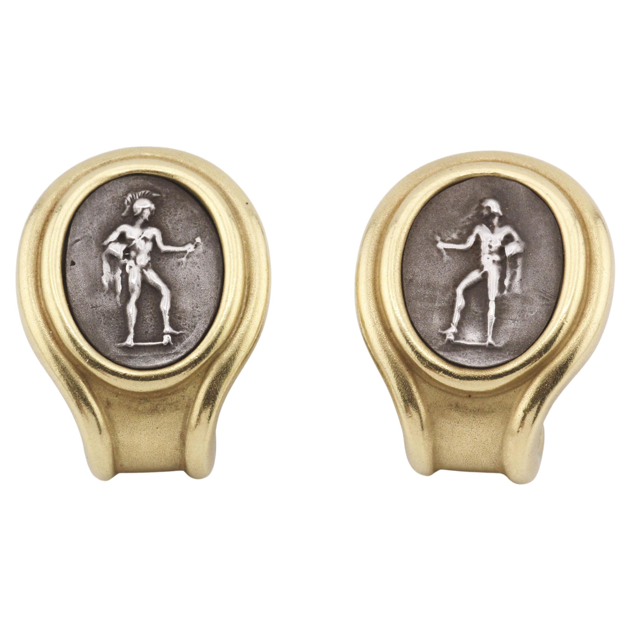 KIESELSTEIN-CORD Poet Warrior 18k Yellow Gold Steel Cameo Earrings Ear Clips