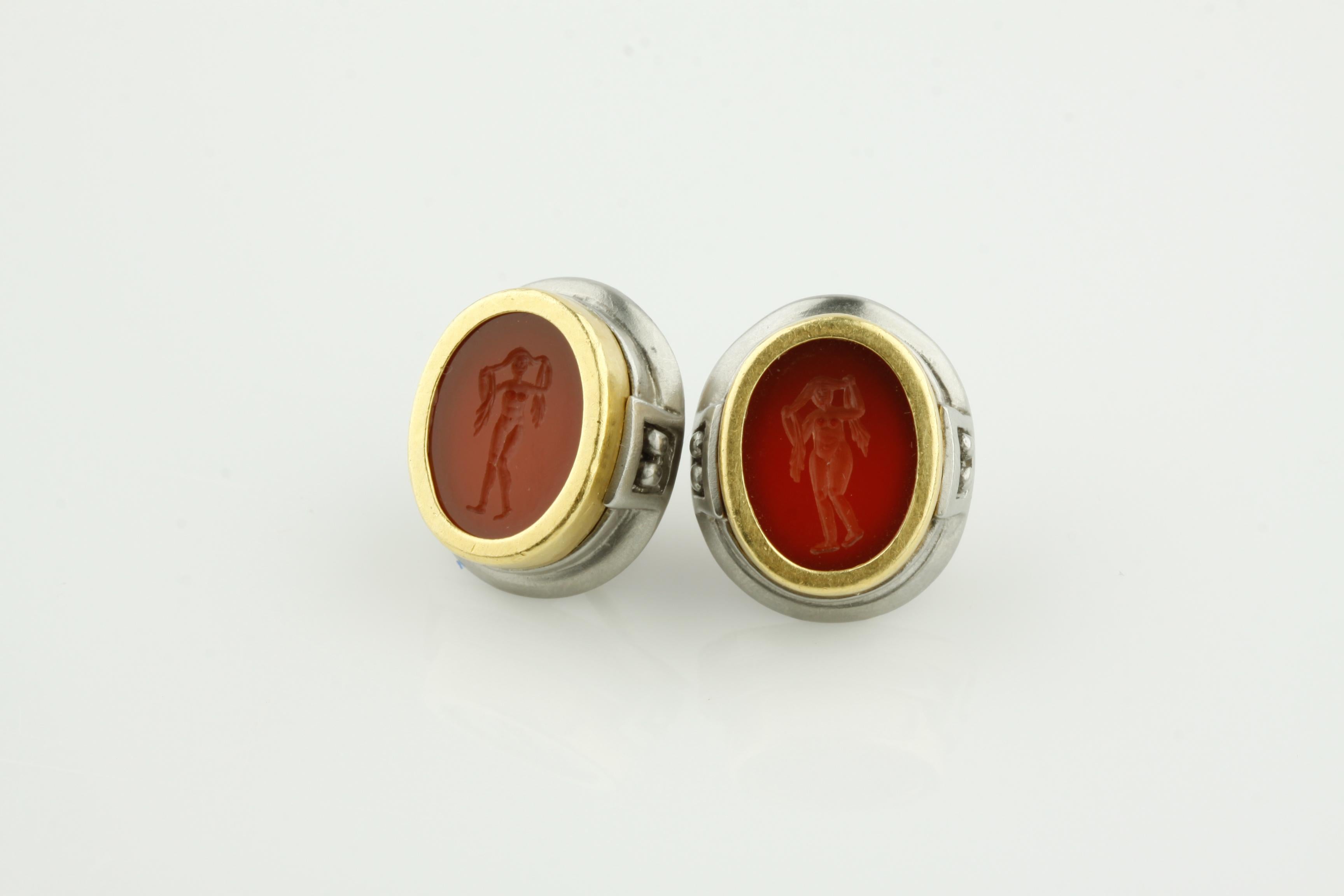 Kieselstein-Cord Red Carnelian Intaglio 18 Karat Yellow Gold/SS Earrings In Excellent Condition In Sherman Oaks, CA