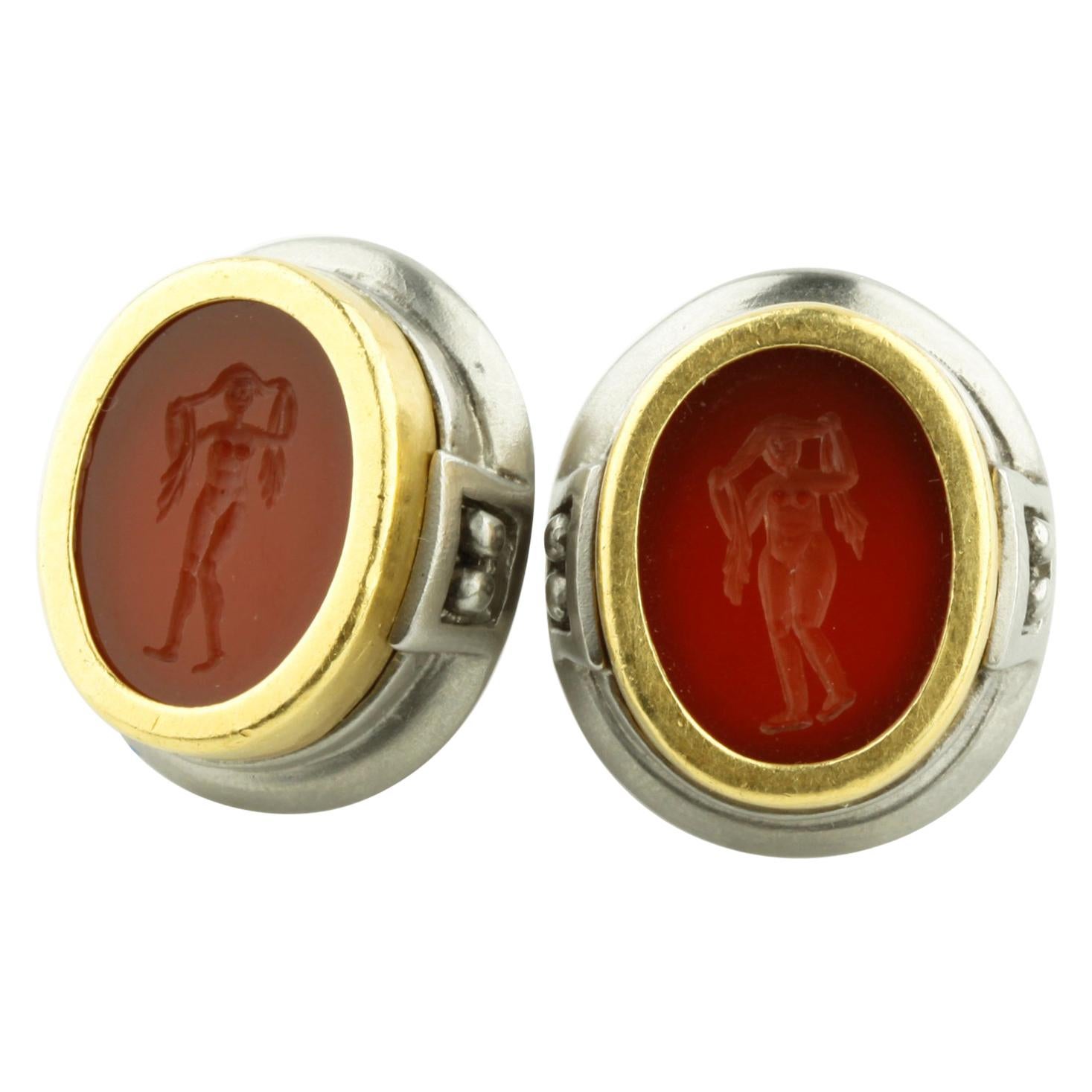 Kieselstein-Cord Red Carnelian Intaglio 18 Karat Yellow Gold/SS Earrings