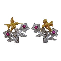 Kieselstein Cord Ruby Diamond Gold Platinum Bird Flower Trembler Earrings