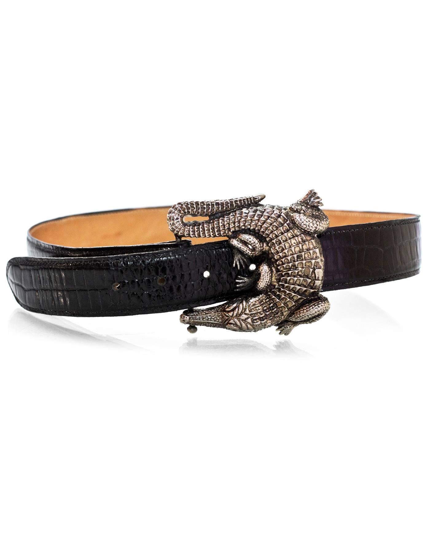 Kieselstein-Cord Sterling Silver Alligator Buckle w/ Black Embossed Leather Belt In Good Condition In New York, NY