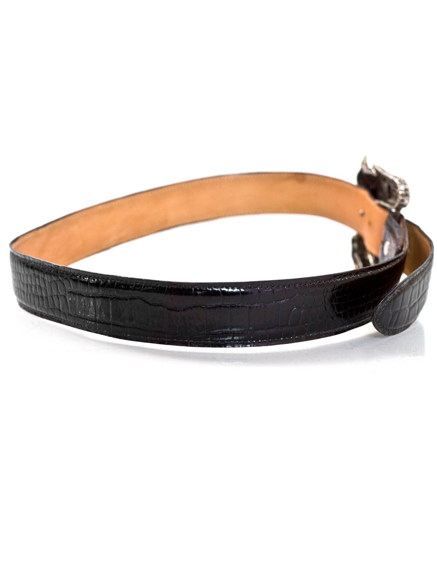 Women's or Men's Kieselstein-Cord Sterling Silver Alligator Buckle w/ Black Embossed Leather Belt