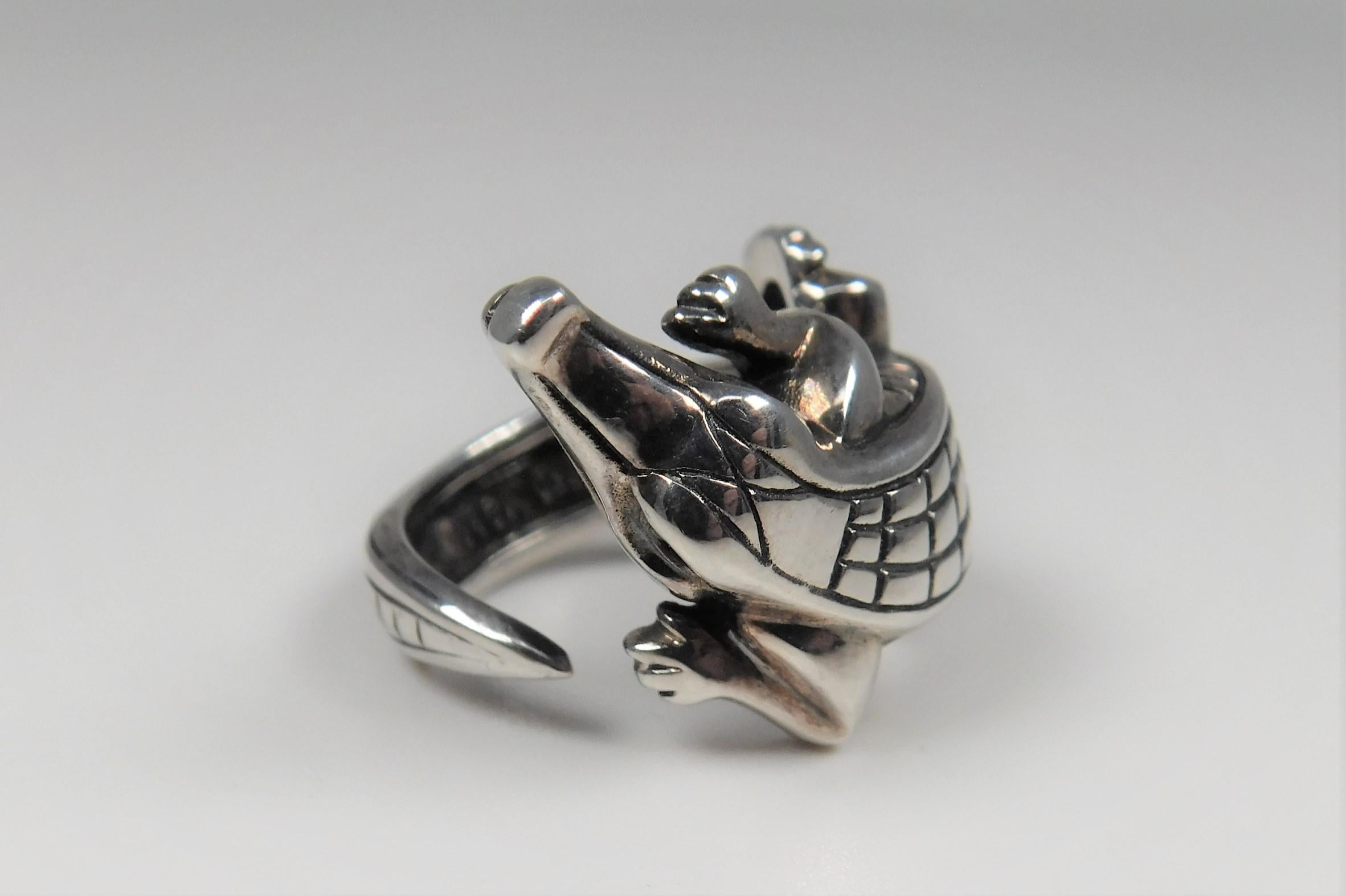 Kieselstein-Cord sterling silver Alligator ring with accent diamond eyes.
