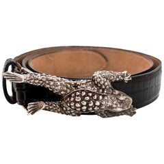 Kieselstein-Cord Sterling Silver Frog Buckle & Black Embossed Leather Belt