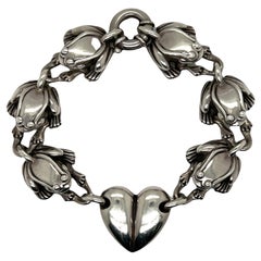 Kieselstein Cord Sterling Silver Frog Heart Link Vintage Bracelet, Circa 1997