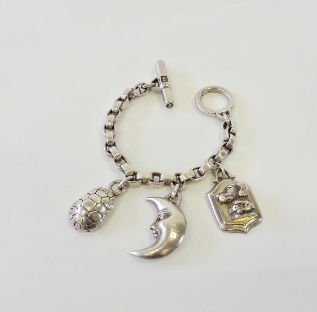 Mid-Century Modern Kieselstein Cord Sterling Silver Toggle Dog Moon Turtle Charm Bracelet