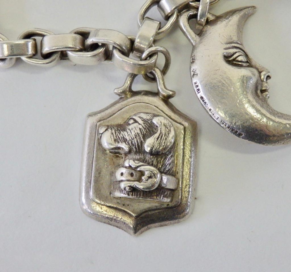 American Kieselstein Cord Sterling Silver Toggle Dog Moon Turtle Charm Bracelet