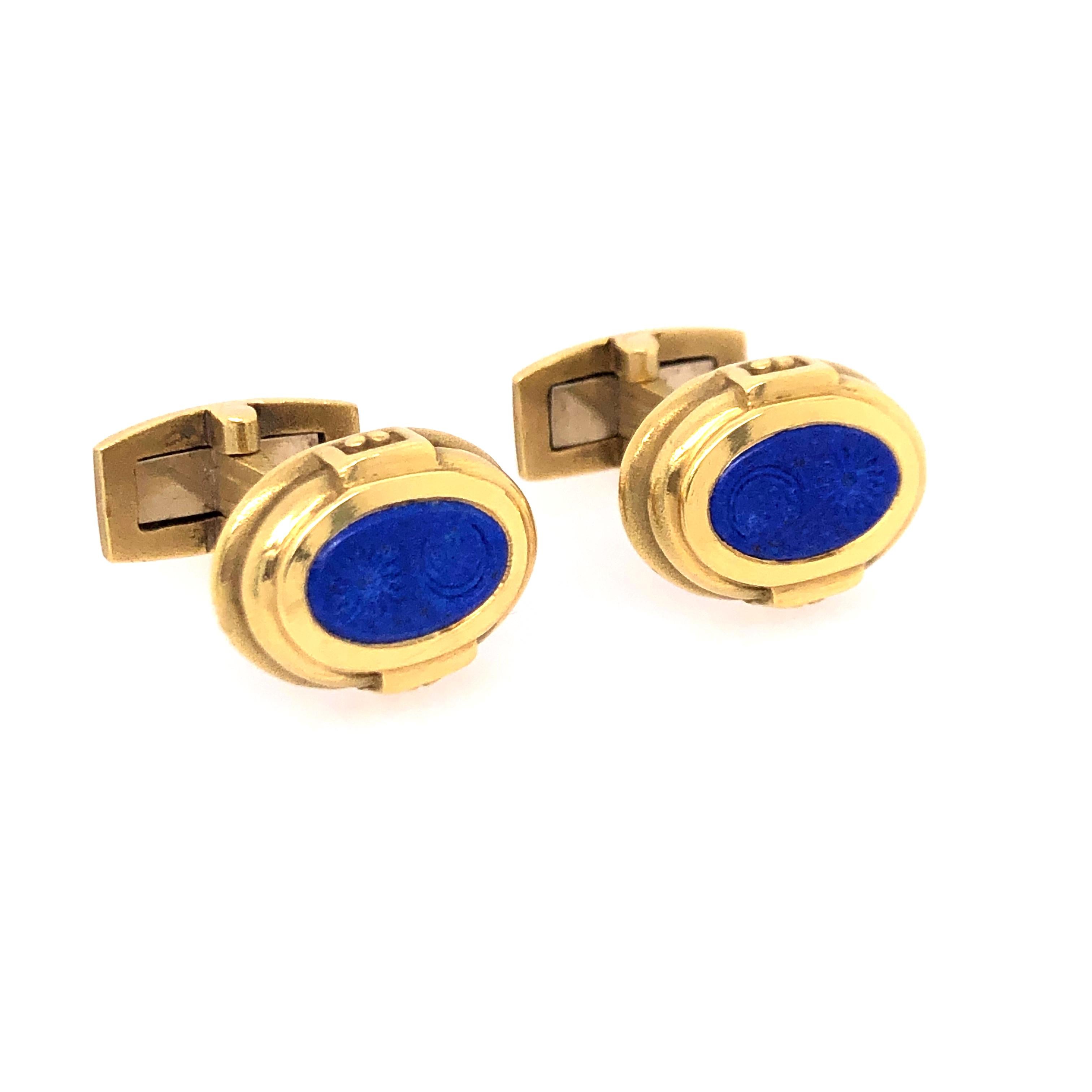 Oval Cut Kieselstein Yellow Gold and Lapis Cufflinks