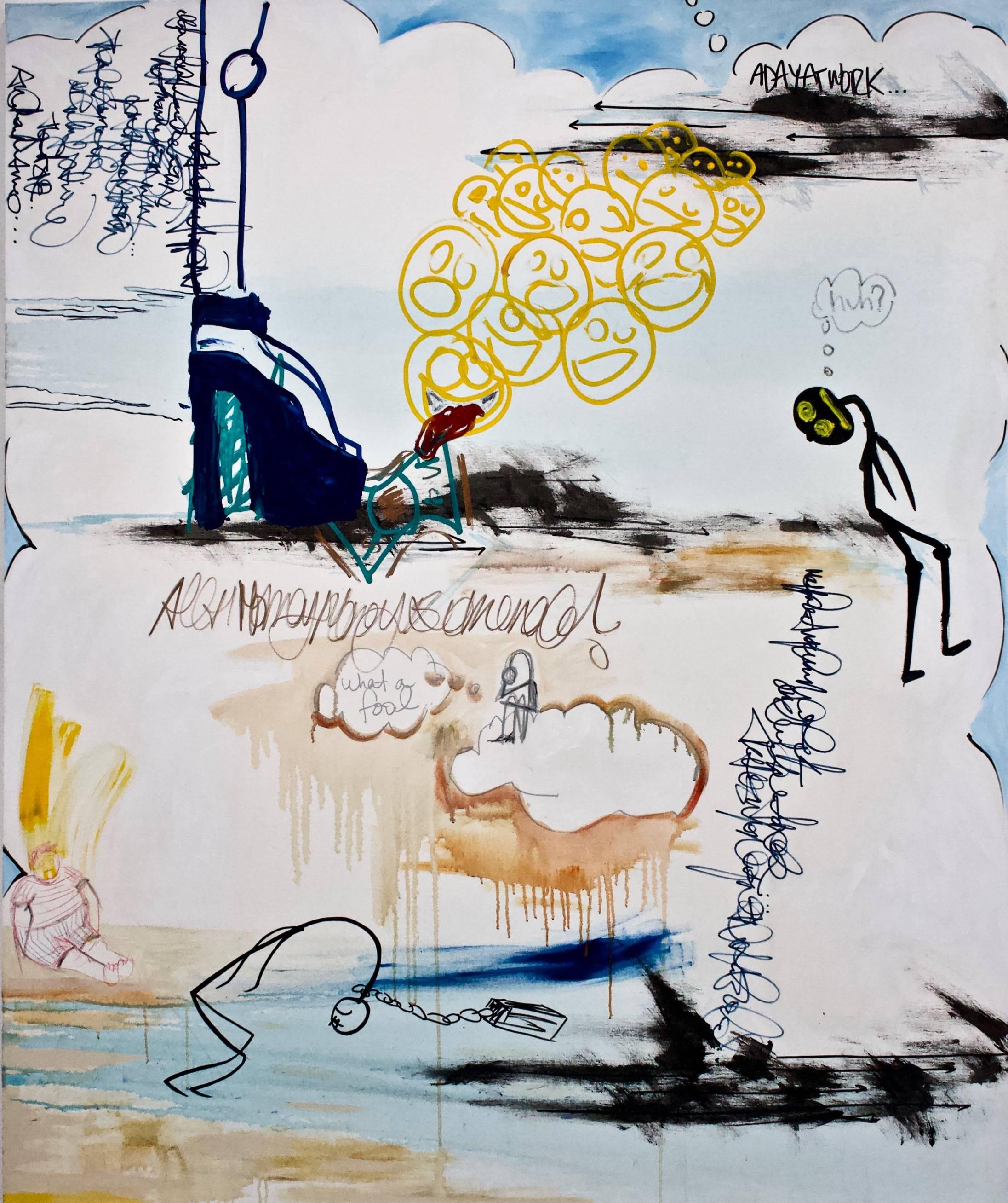 "A Day at Work" by Kieva Campbell is a unique mixed-media on canvas painting signed and dated by the artist on the back. The original abstract painting measures 72" H x 60" W. The sides of the oversized canvas are painted white, and it does not