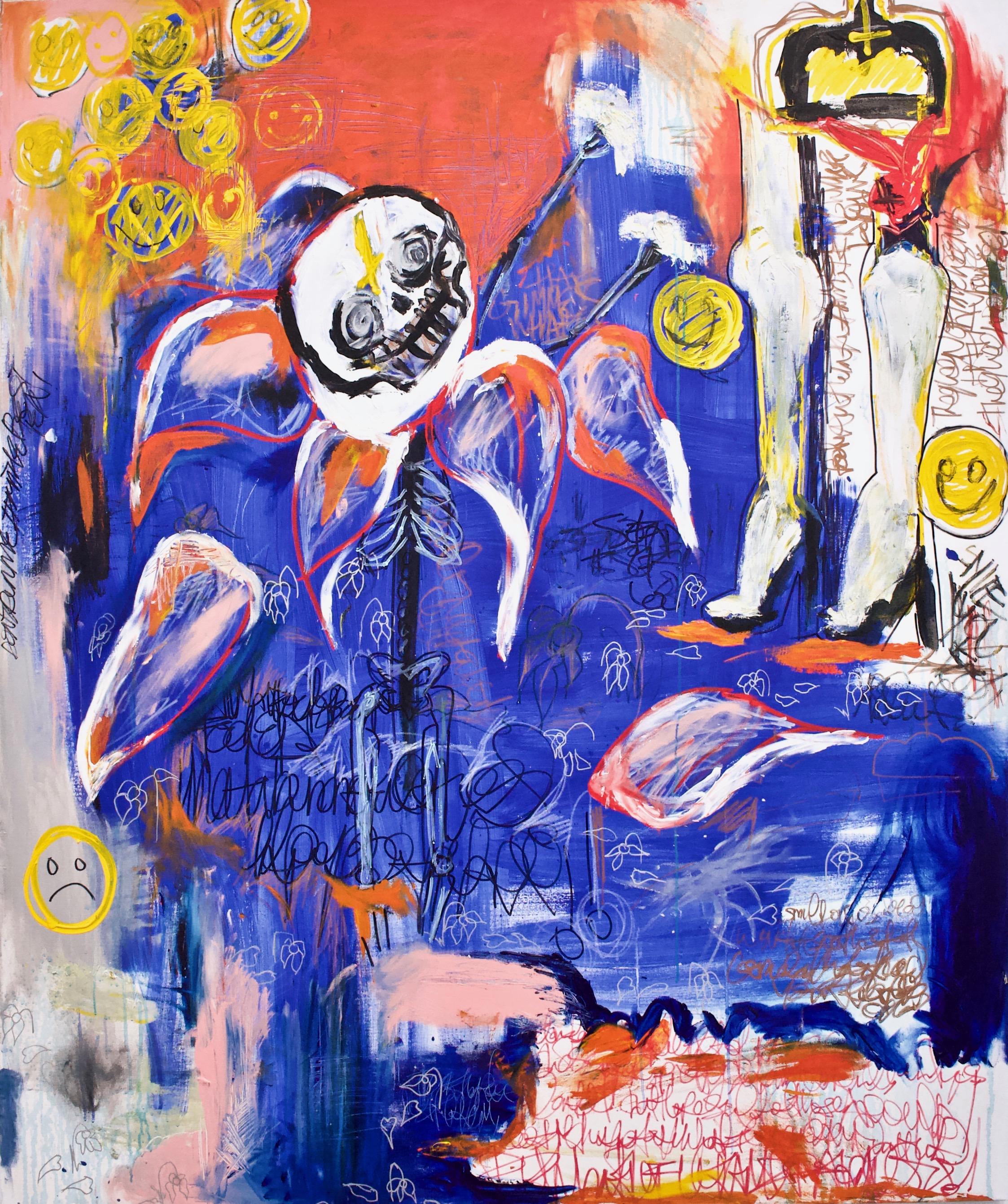 "Hungry for the Money" by Kieva Campbell is a unique mixed-media on canvas painting signed and dated by the artist on the back. The original abstract painting measures 72" H x 60" W. The sides of the oversized canvas are painted white, and it does