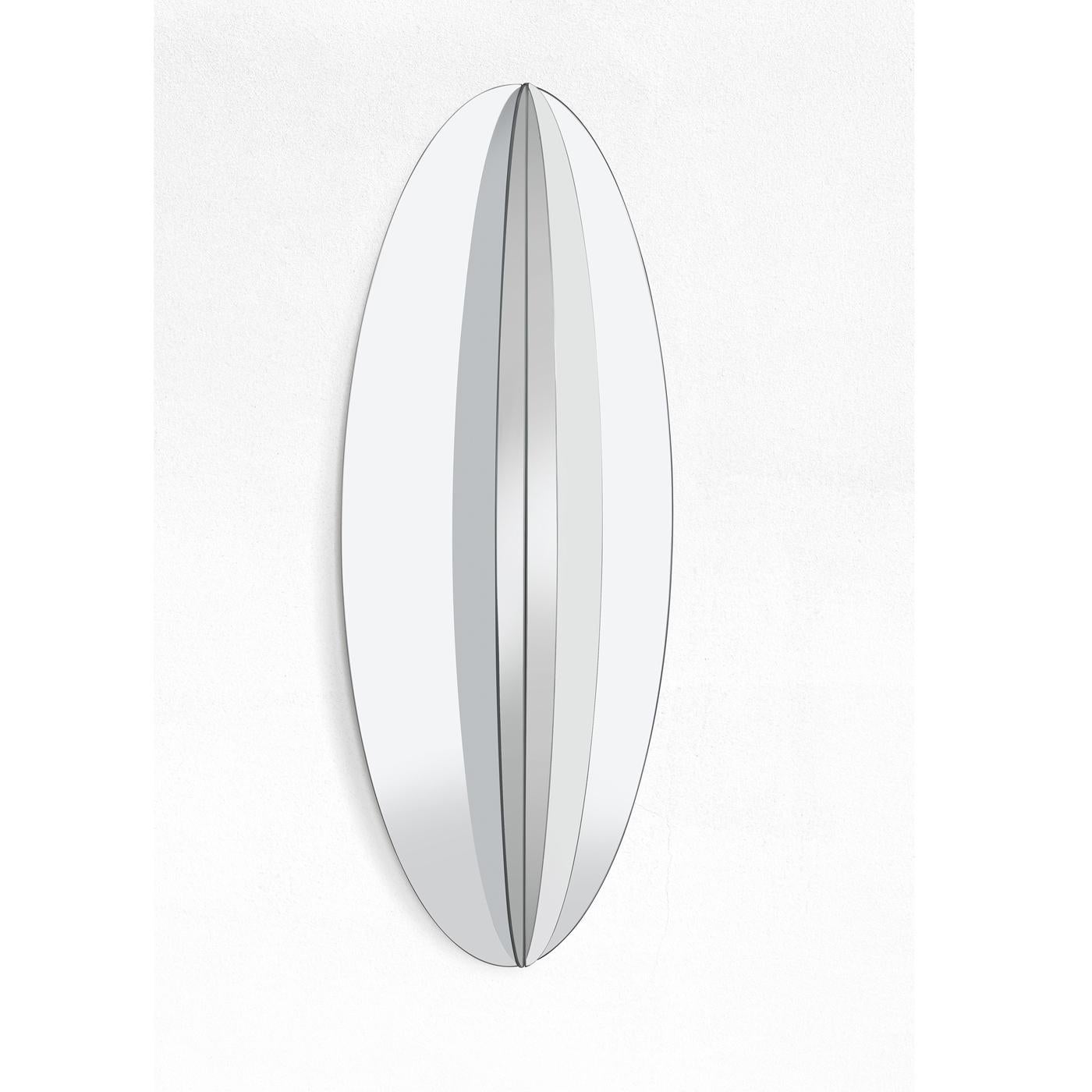 Part of a series of stunning mirrors of strong visual impact, this piece was designed by Marco Brunori for Adele C. Its oblong silhouette is made of two reflecting surfaces and is supported by bent steel plate that was welded and lacquered in a