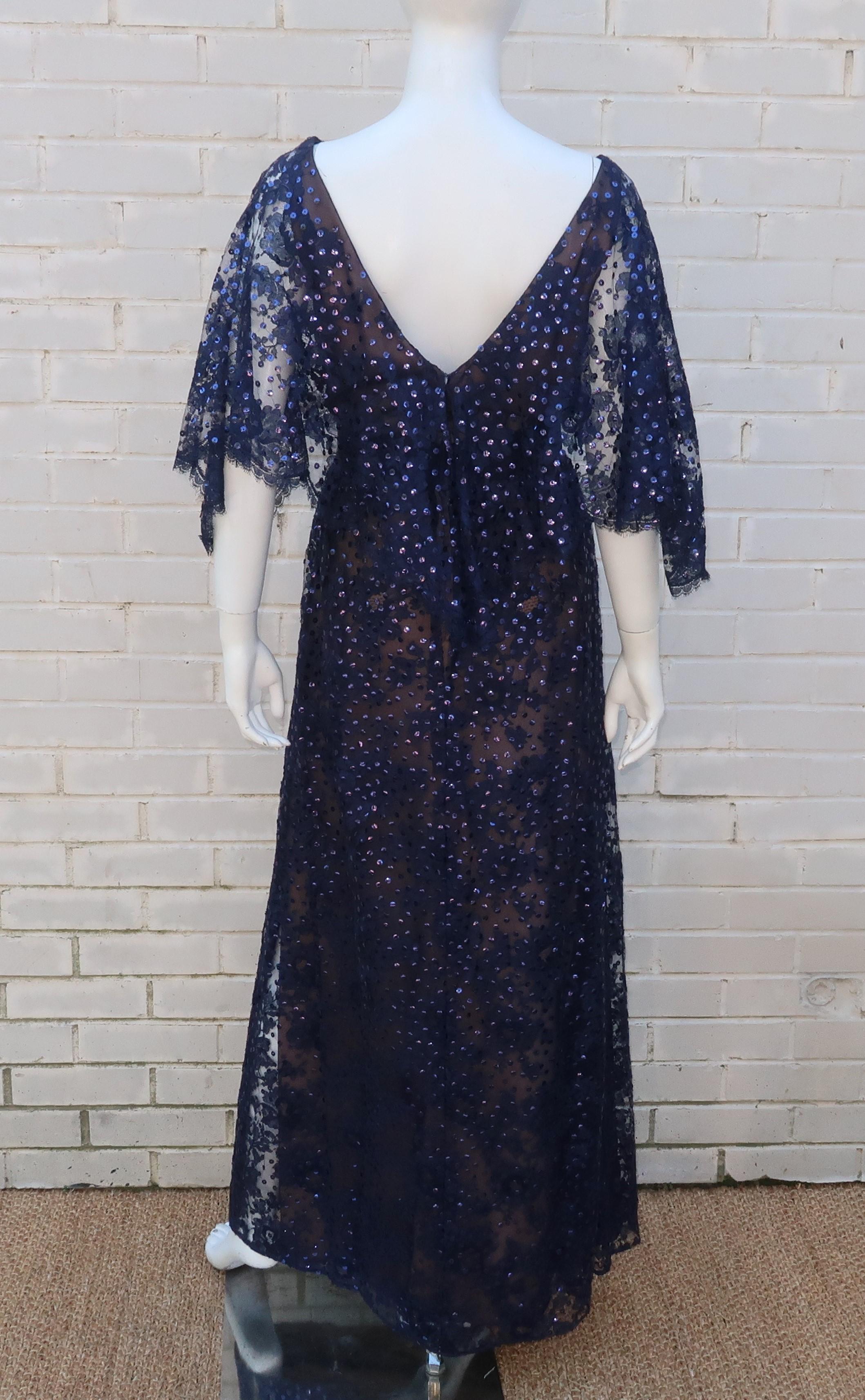 Kiki Hart Blue Lace Sequin Evening Dress, 1960's 4