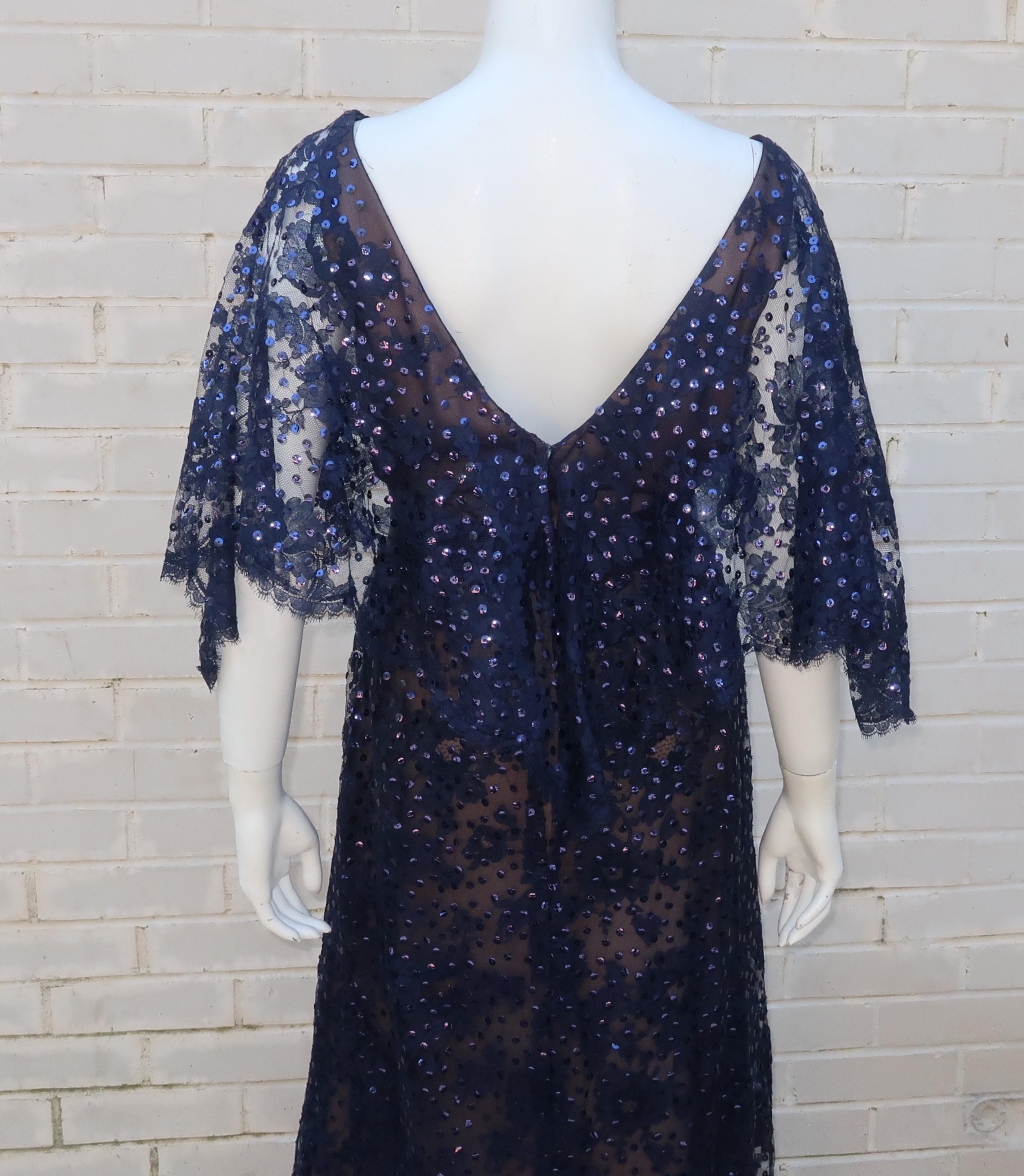 Kiki Hart Blue Lace Sequin Evening Dress, 1960's 5