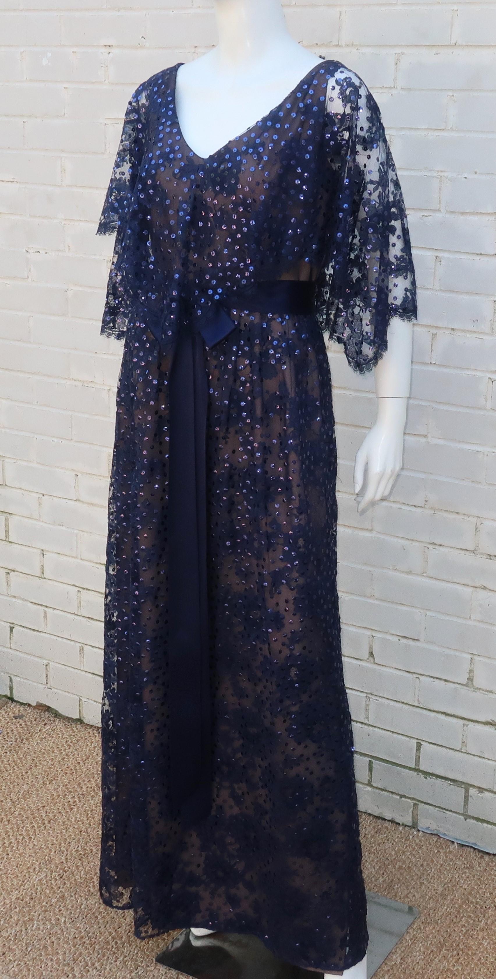 Black Kiki Hart Blue Lace Sequin Evening Dress, 1960's
