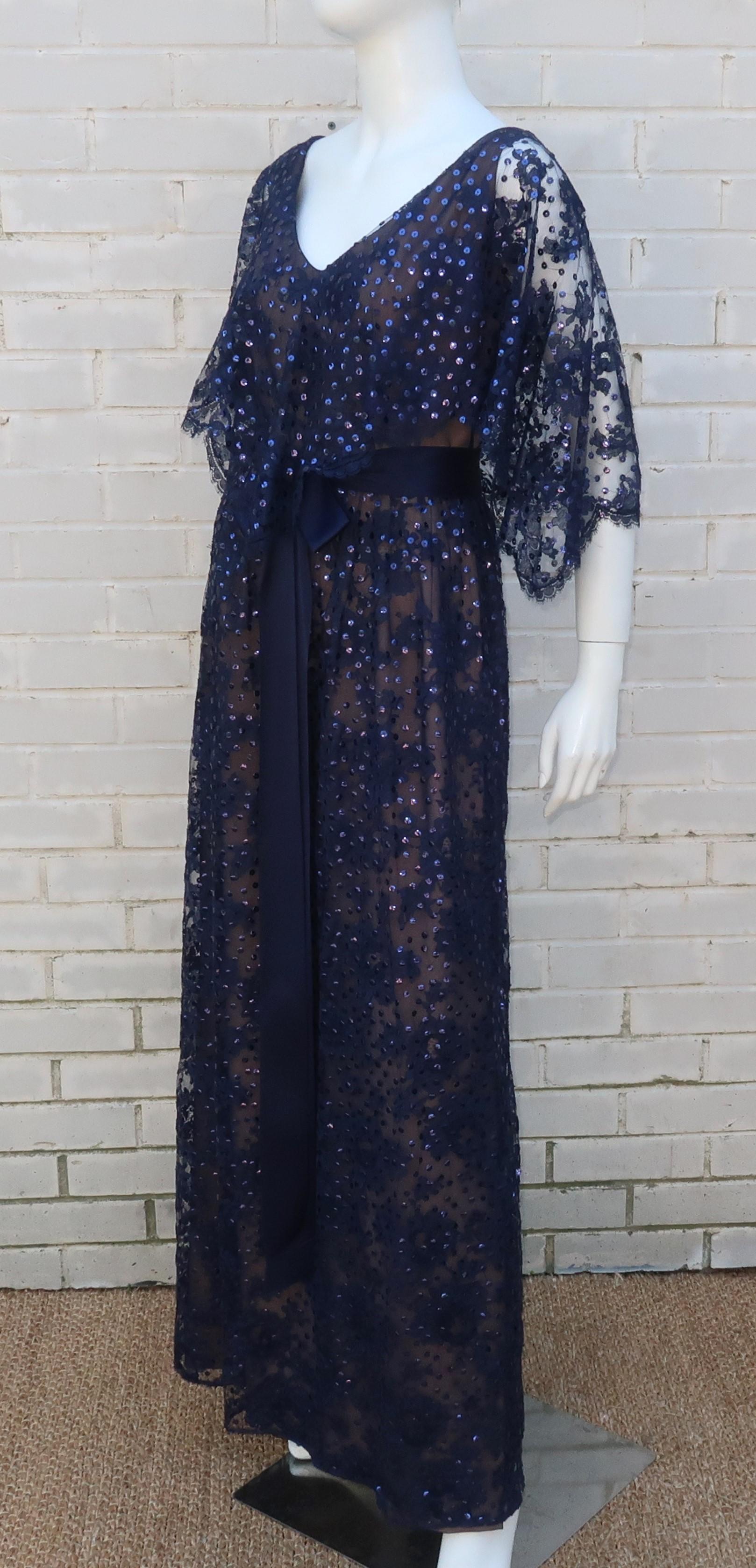 Kiki Hart Blue Lace Sequin Evening Dress, 1960's In Good Condition In Atlanta, GA