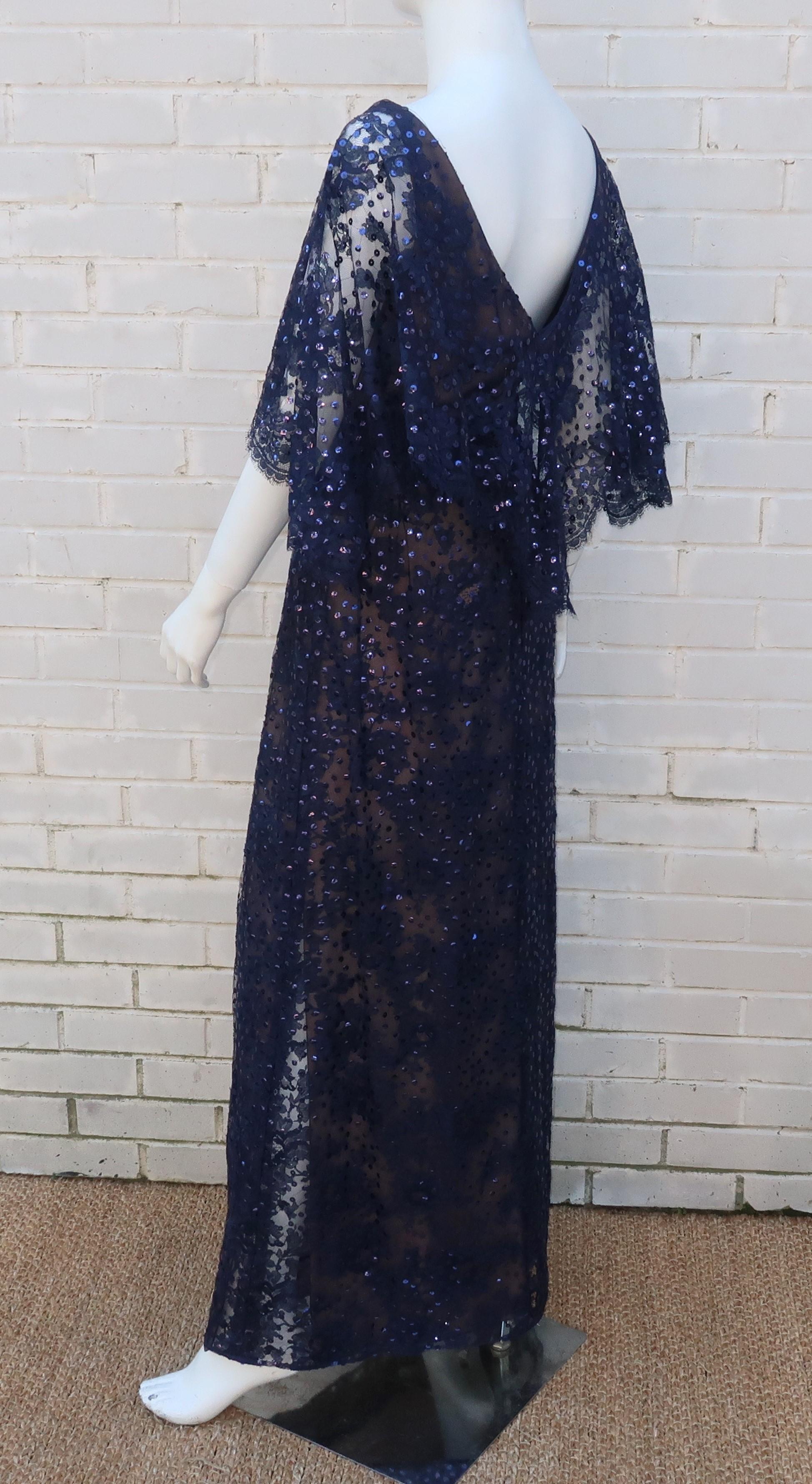 Kiki Hart Blue Lace Sequin Evening Dress, 1960's 1