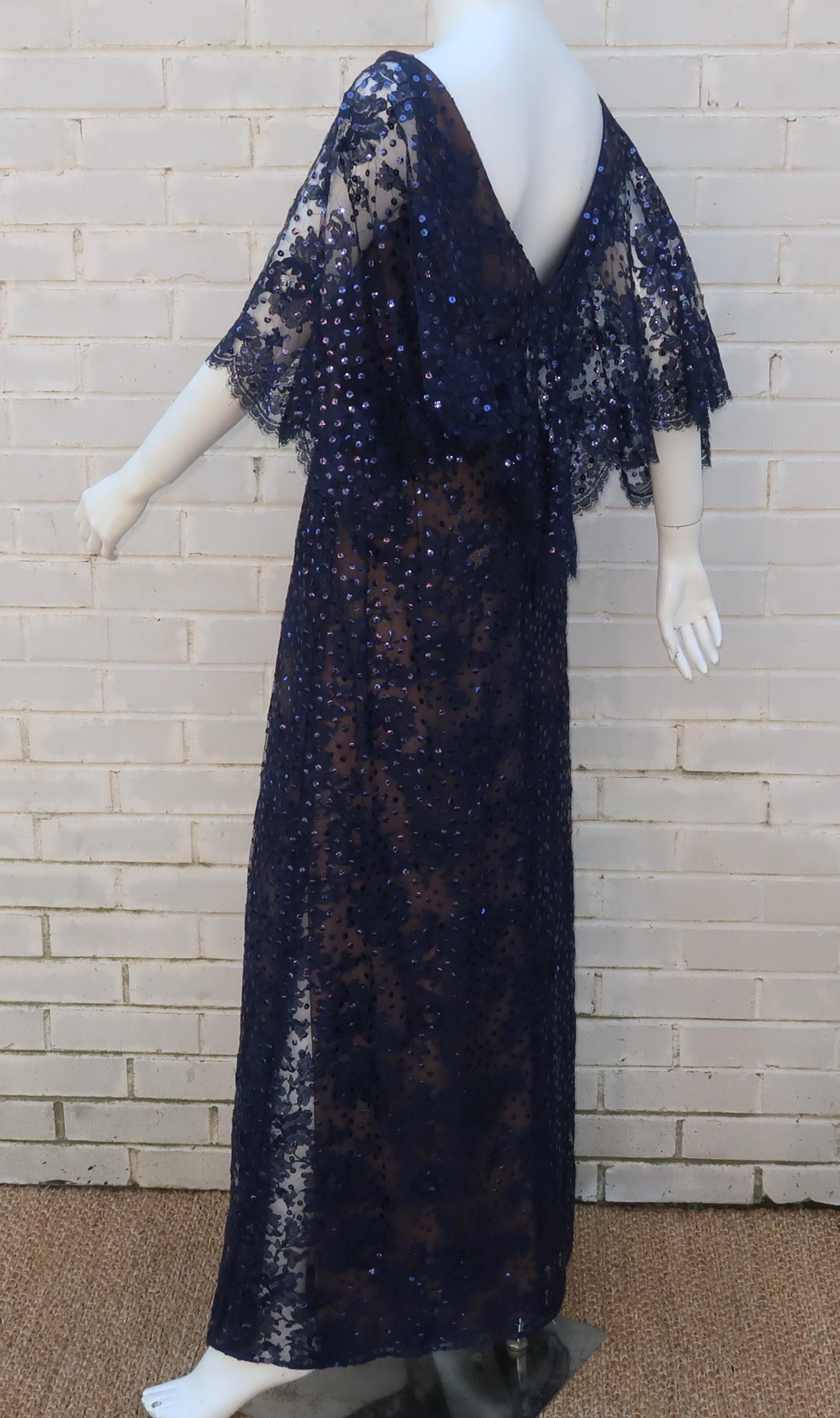 Kiki Hart Blue Lace Sequin Evening Dress, 1960's 2