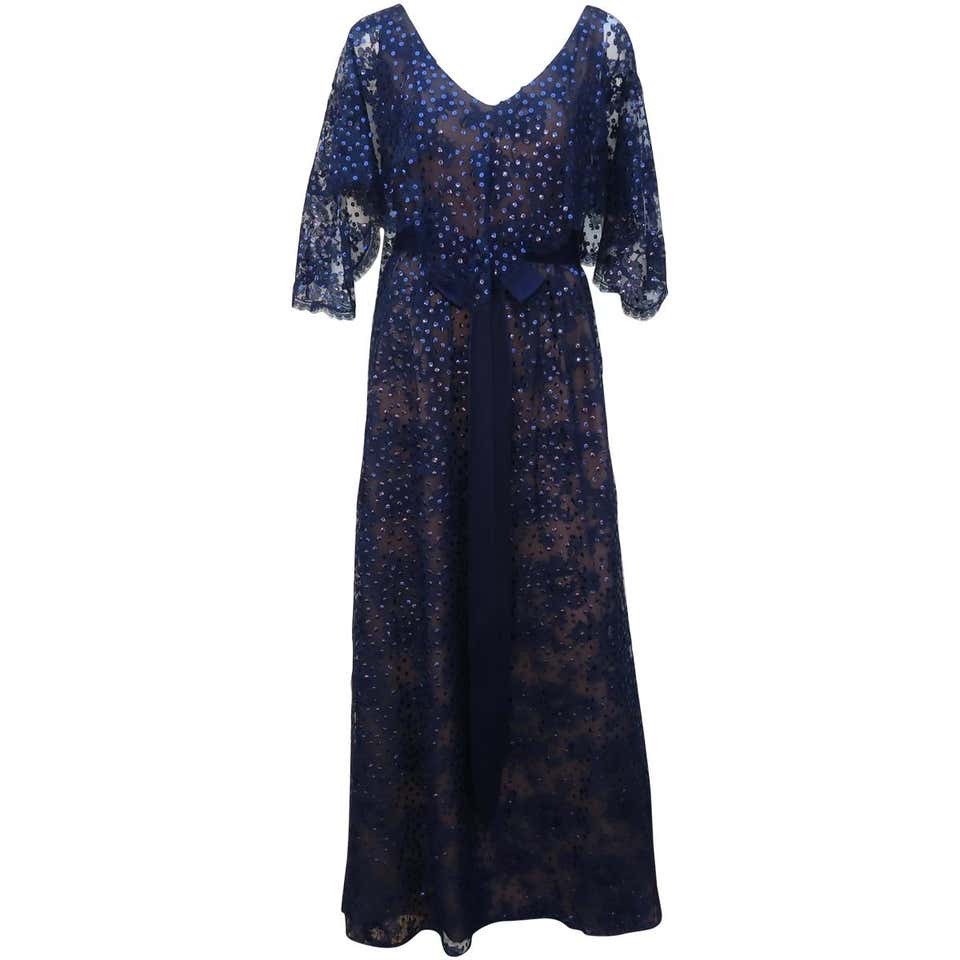 Kiki Hart Blue Lace Sequin Evening Dress, 1960's For Sale at 1stDibs
