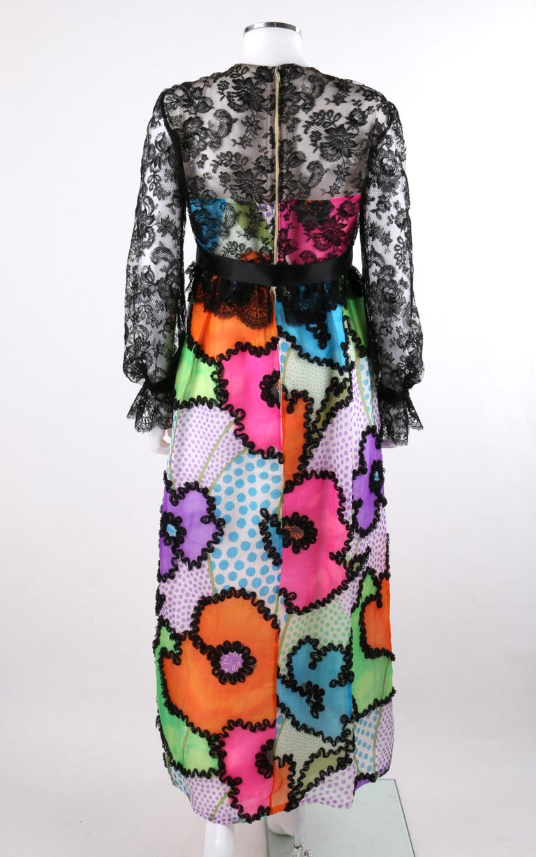 KIKI HART Couture c.1970's Floral Pop Art Satin Bow Lace Ruffle Maxi ...