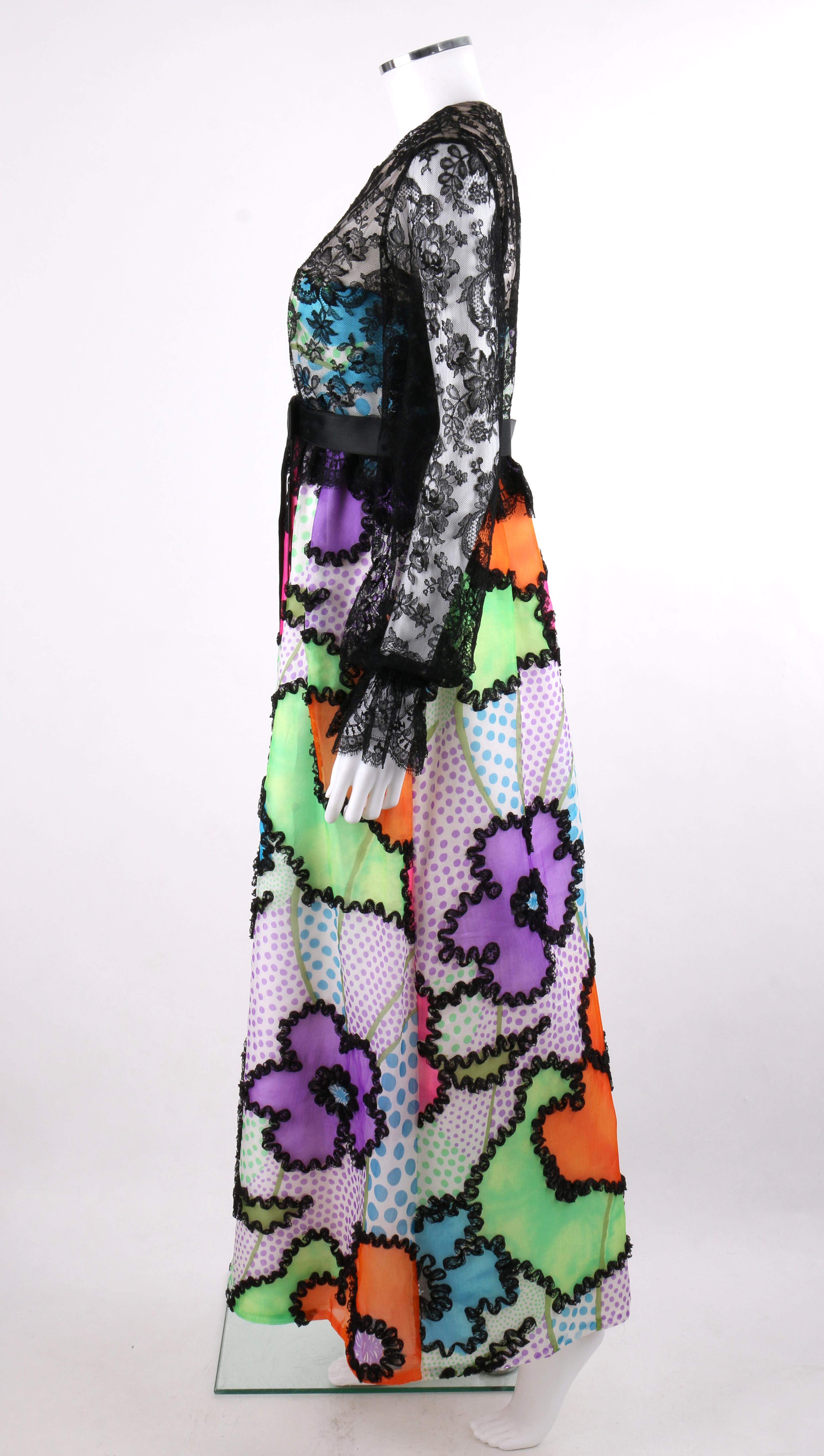 KIKI HART Couture c.1970's Floral Pop Art Satin Bow Lace Ruffle Maxi Party Dress In Good Condition In Thiensville, WI