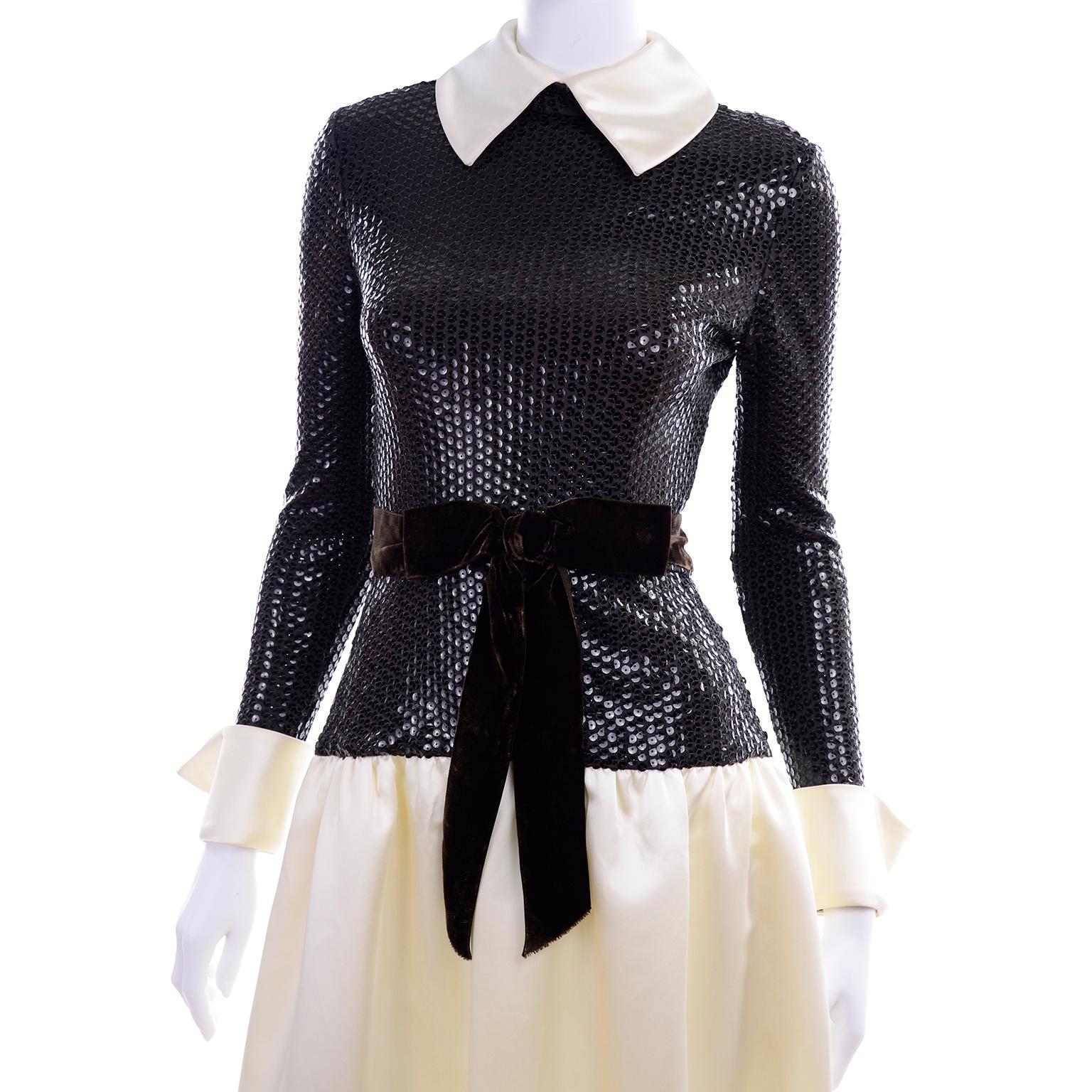 Kiki Hart Vintage Evening Dress Ivory Satin W Brown Sequin Bodice & Velvet Bow For Sale 6