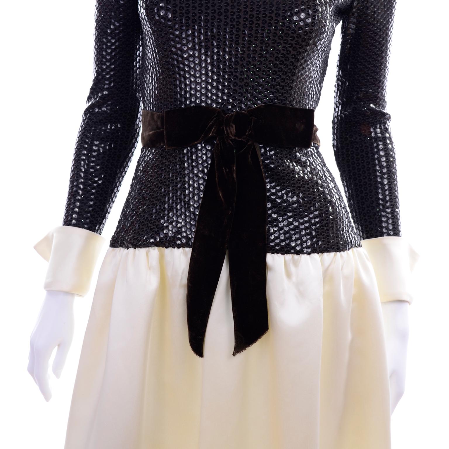 Kiki Hart Vintage Evening Dress Ivory Satin W Brown Sequin Bodice & Velvet Bow For Sale 8