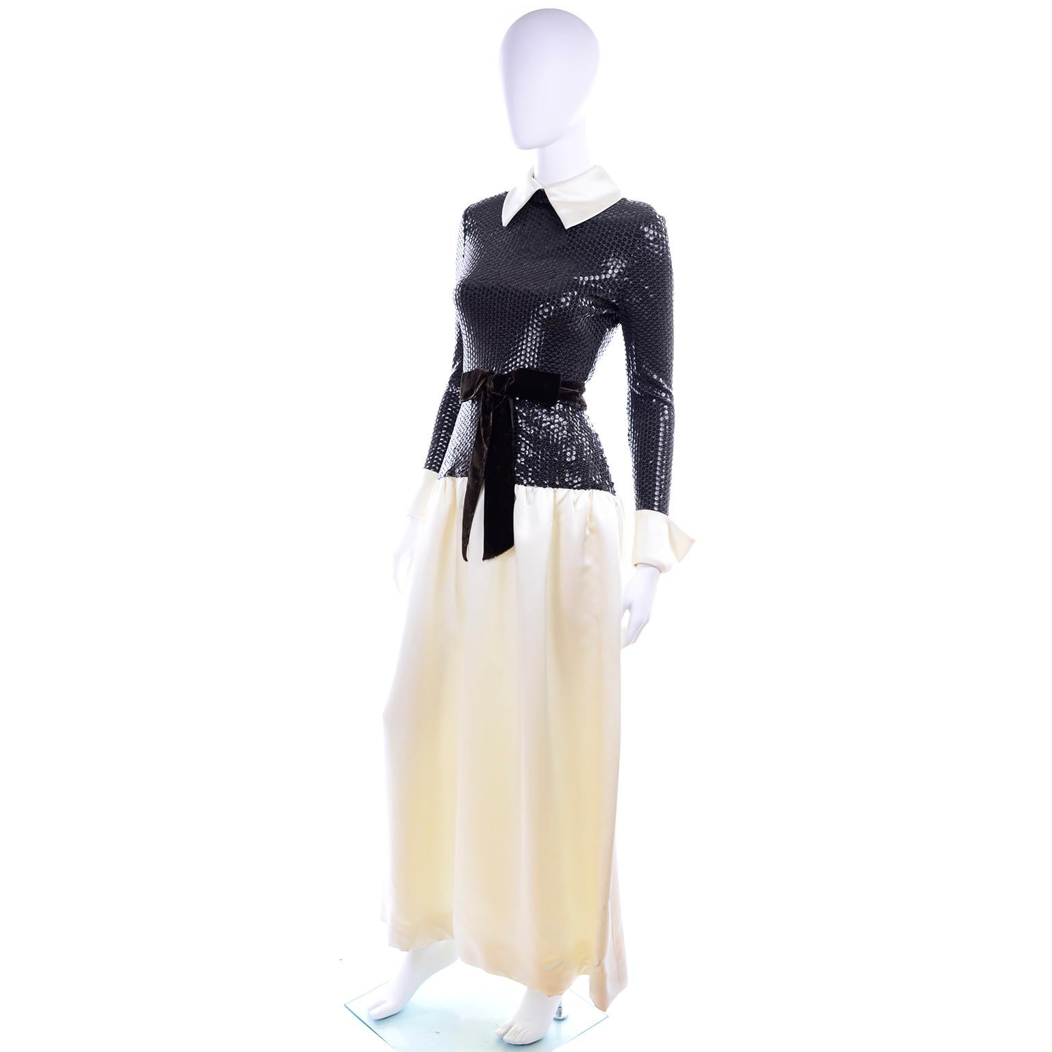 White Kiki Hart Vintage Evening Dress Ivory Satin W Brown Sequin Bodice & Velvet Bow