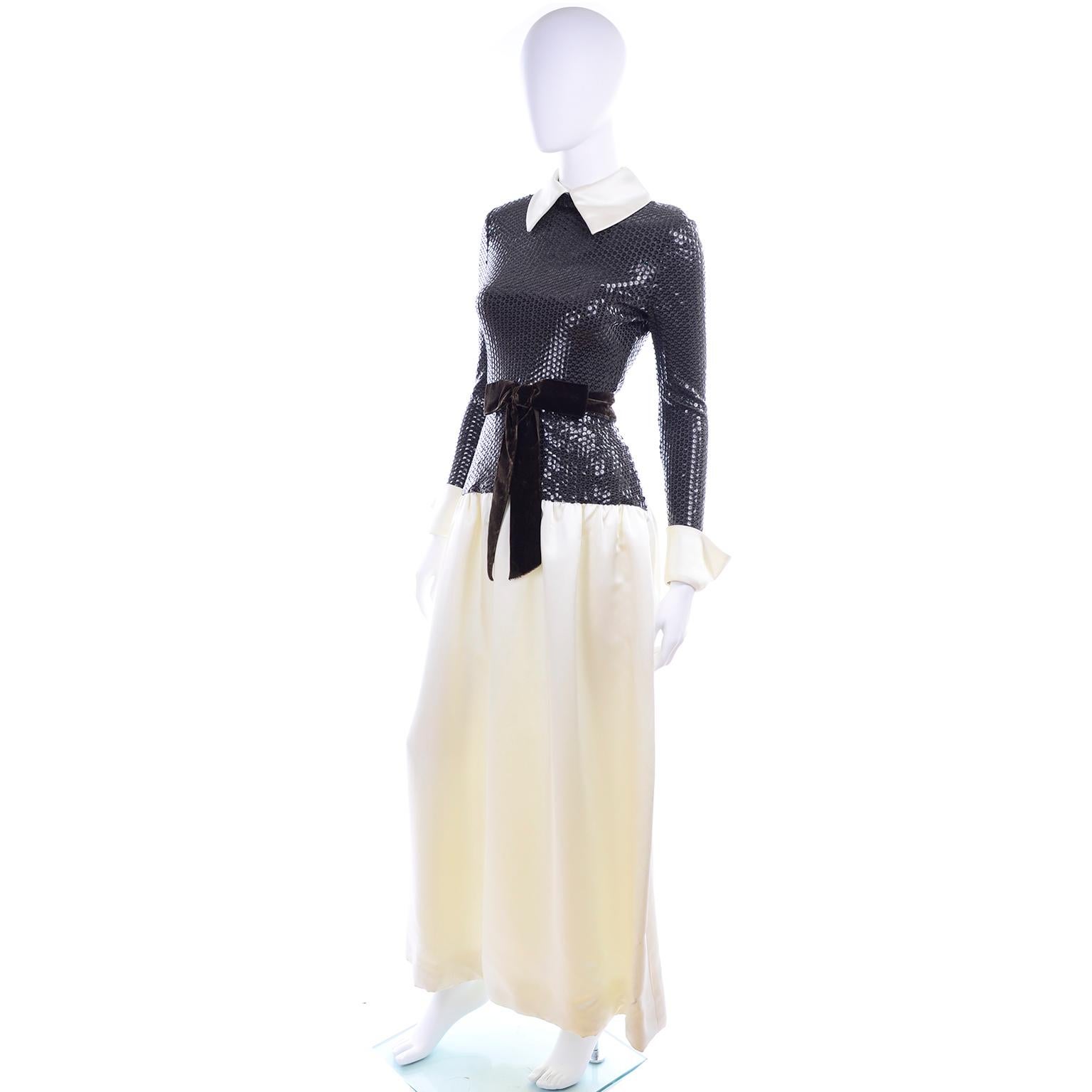 Kiki Hart Vintage Evening Dress Ivory Satin W Brown Sequin Bodice & Velvet Bow In Good Condition In Portland, OR