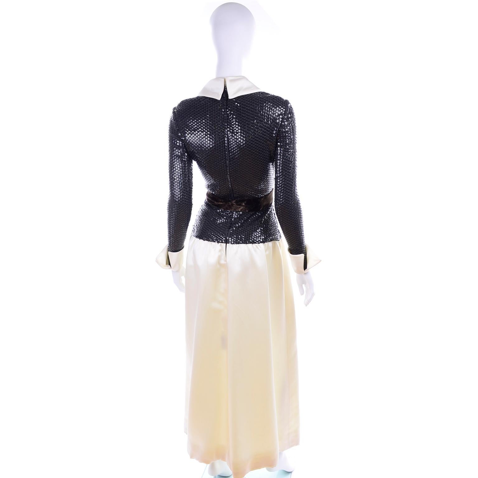 Kiki Hart Vintage Evening Dress Ivory Satin W Brown Sequin Bodice & Velvet Bow For Sale 1
