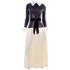 Kiki Hart Vintage Evening Dress Ivory Satin W Brown Sequin Bodice & Velvet Bow