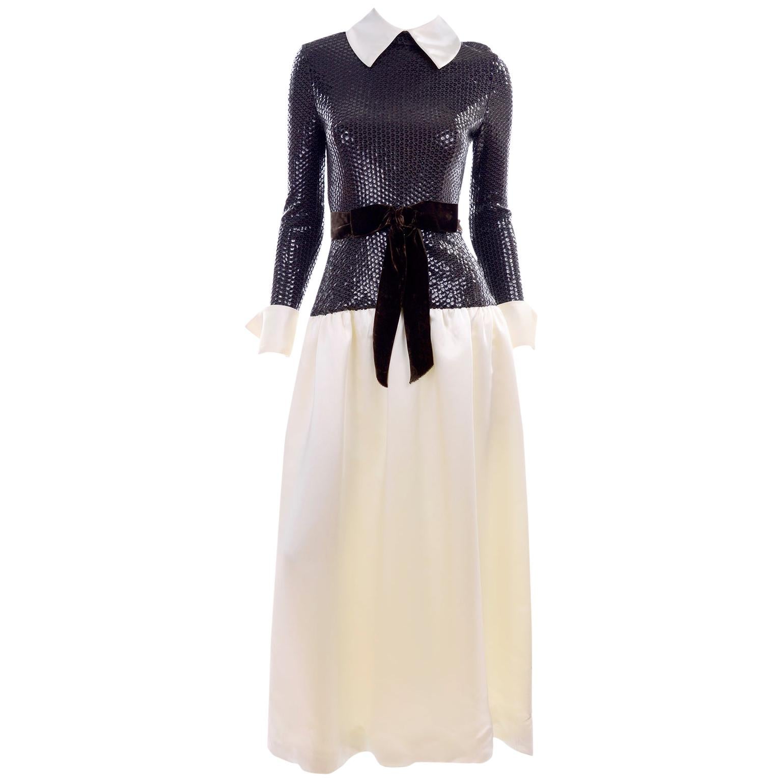 Kiki Hart Vintage Evening Dress Ivory Satin W Brown Sequin Bodice & Velvet Bow