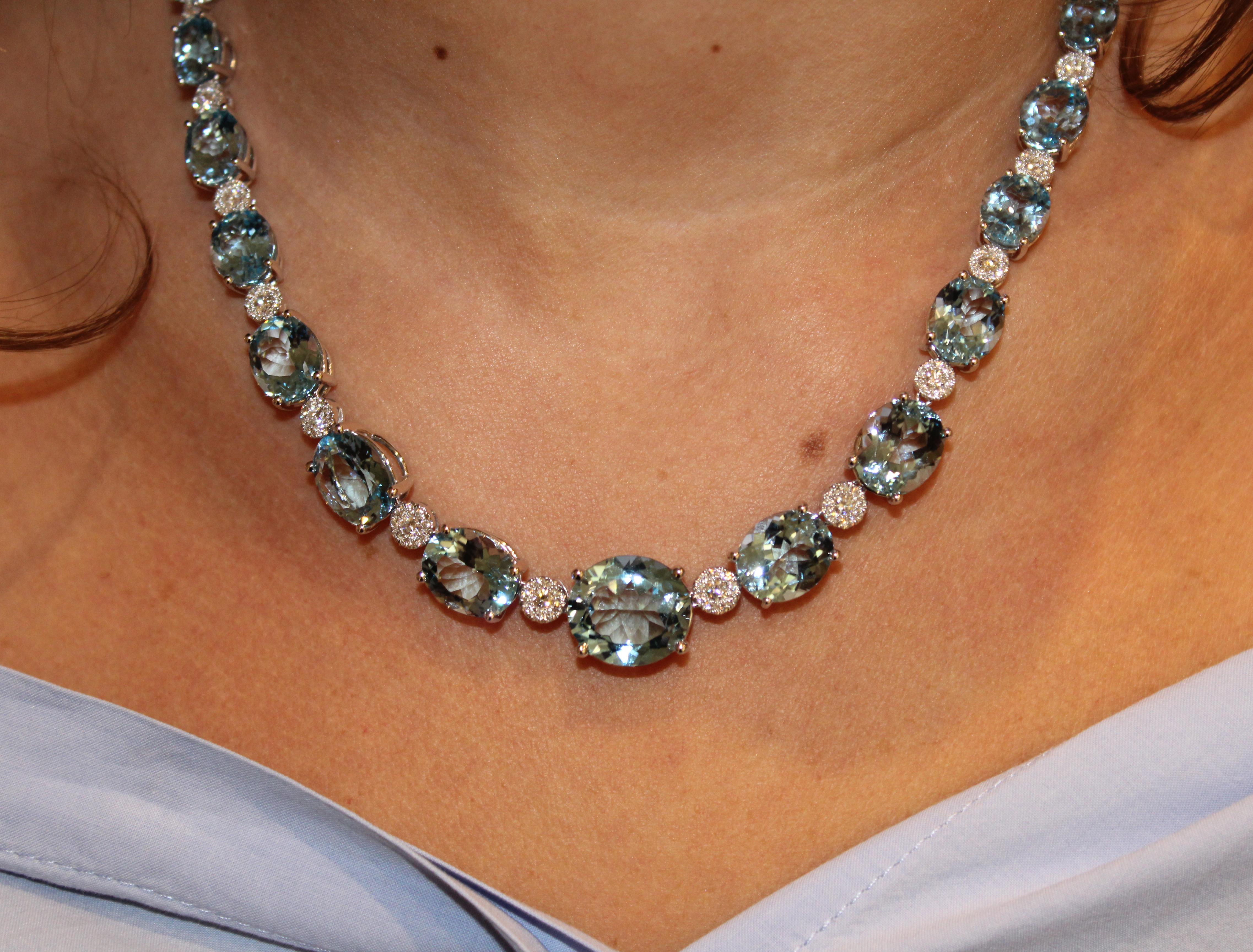 Oval Cut Kiki McDonough 18 carat White Gold Blue Topaz and Diamond Necklace