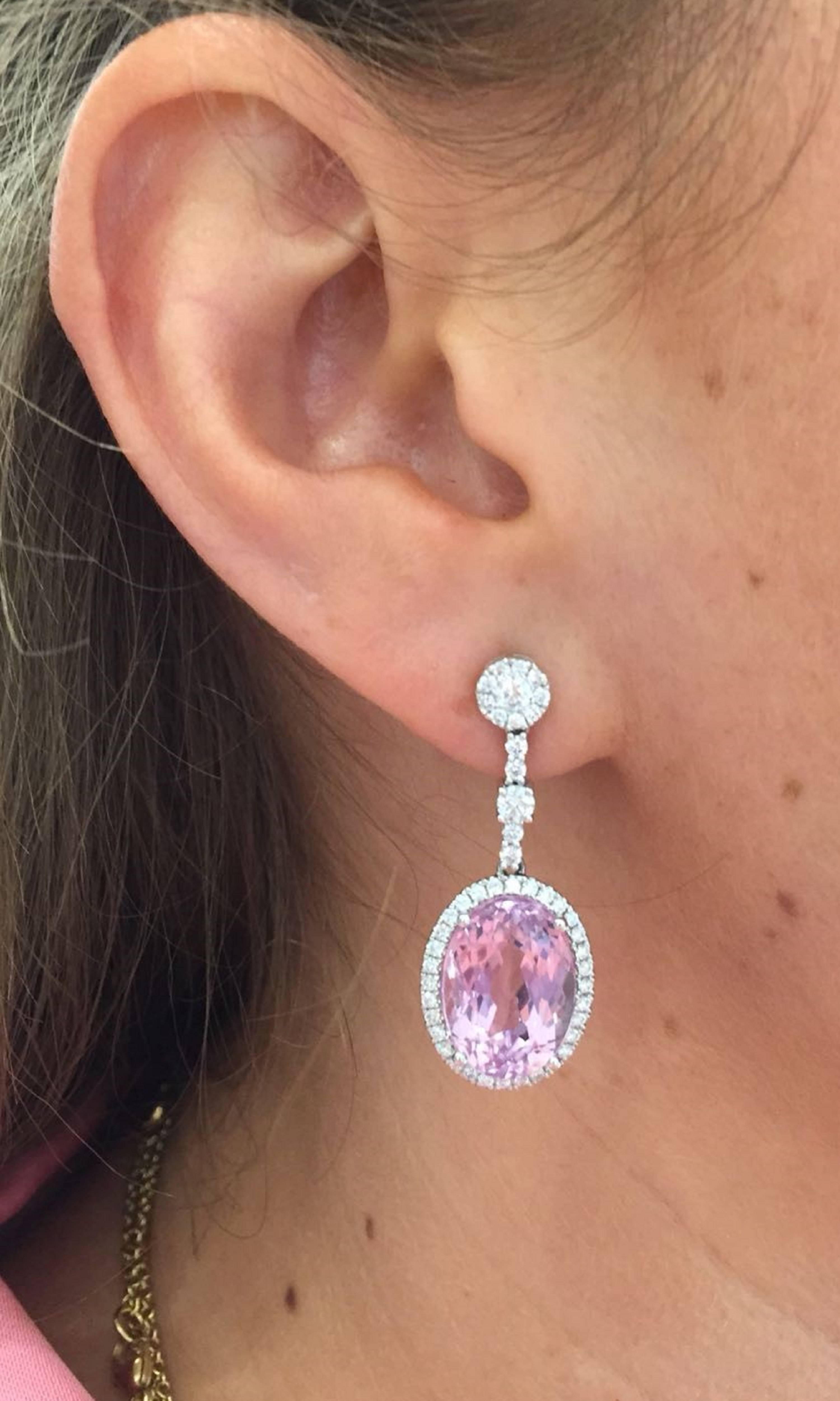 Stunning candy pink earrings for any occasion. These 18ct White Gold and Pink Kunzite (15.86ct) oval drop earrings with Diamond post (0.47ct) and accents are a staple of Kiki McDonough's designs.  By using an unusual stone such as this impressive