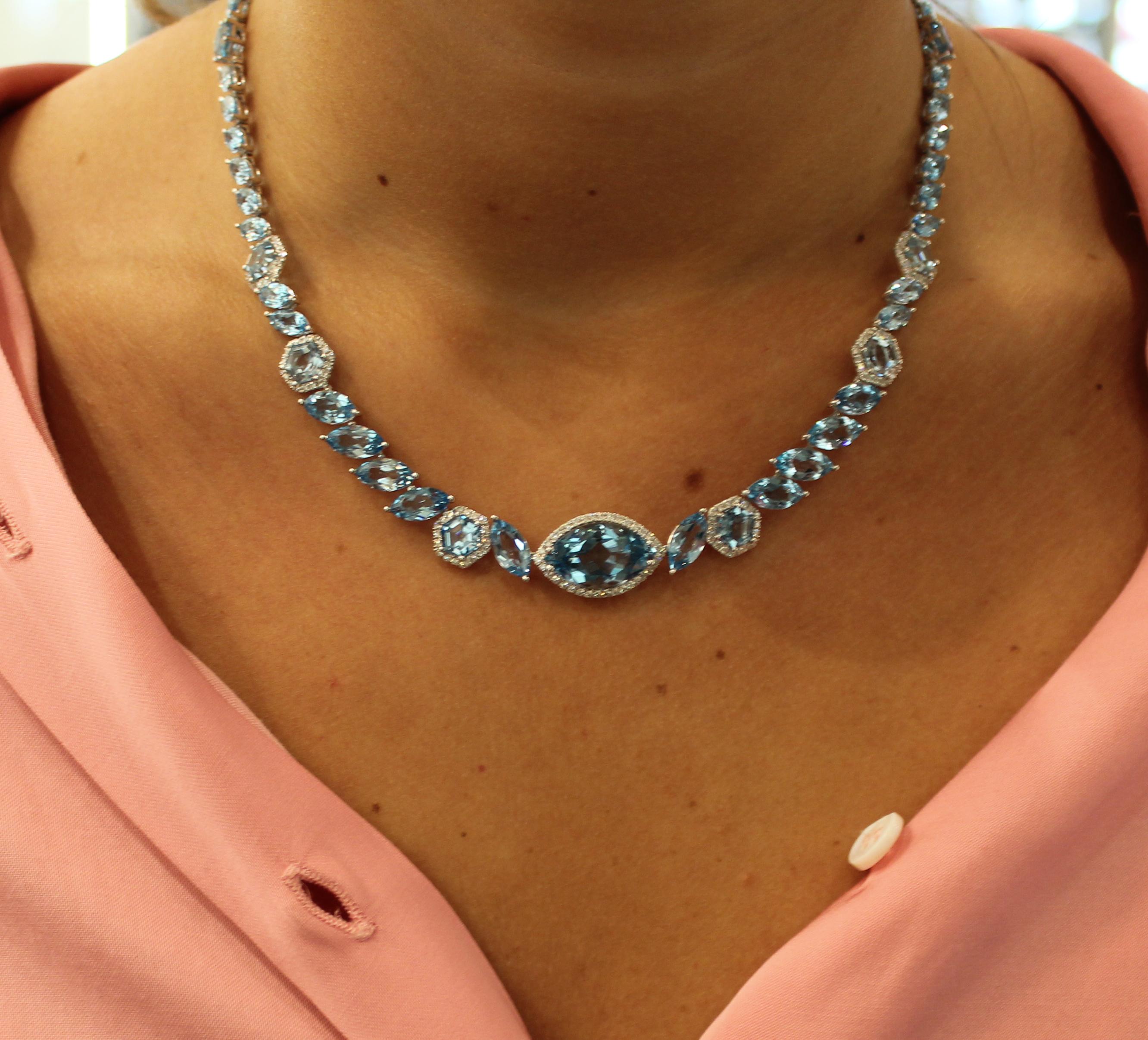 This Special Edition piece was designed by Kiki McDonough to celebrate the wonderful shapes of gemstones.  Using 57.70cts of Marquise and Octagonal cut Blue Topaz with 1.18cts of accent diamonds Kiki has created a necklace inspired by laurel leaves,