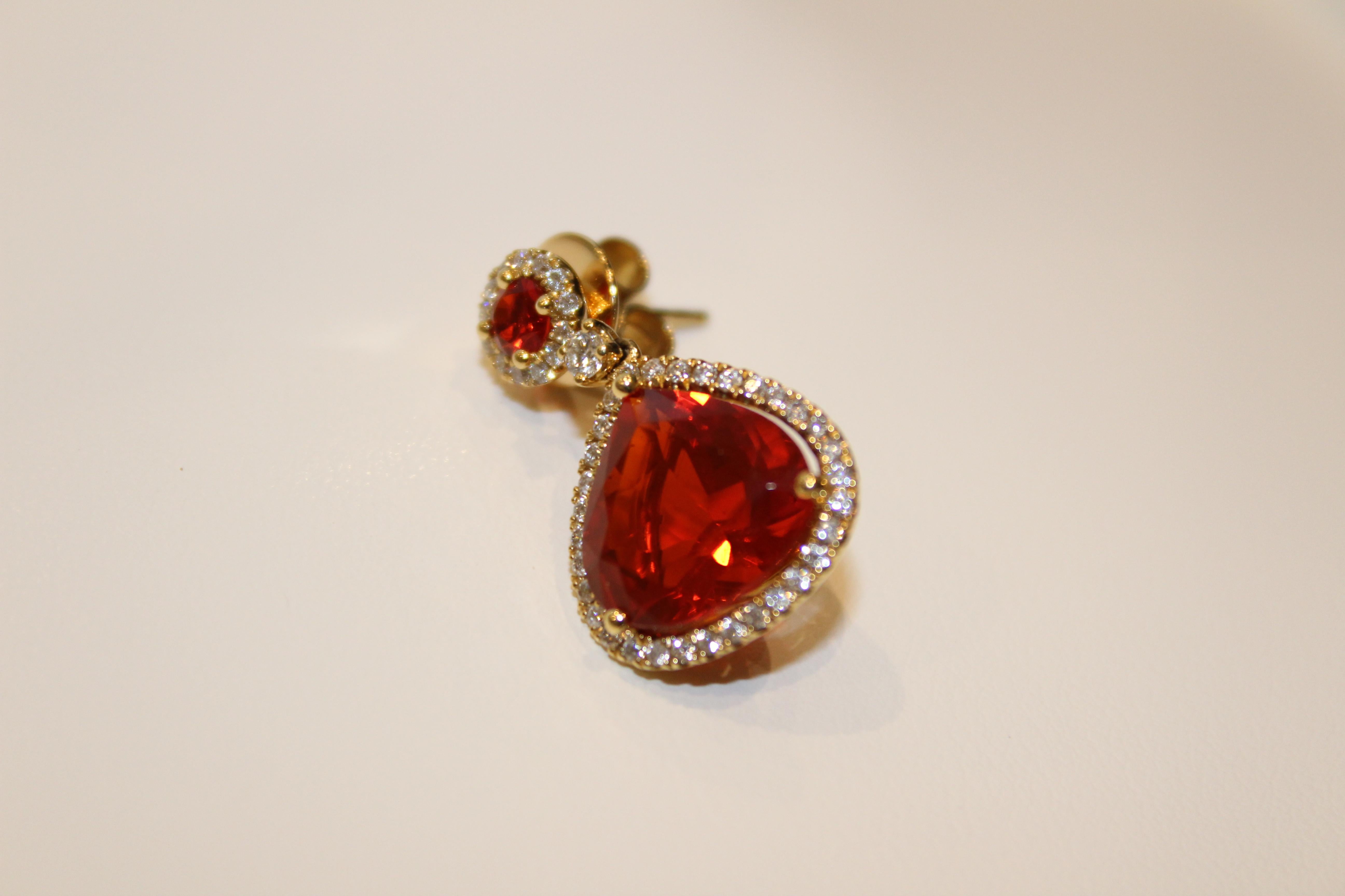 Kiki McDonough 18 Carat Yellow Gold Fire Opal and Diamond Drop Earrings In New Condition For Sale In London, GB