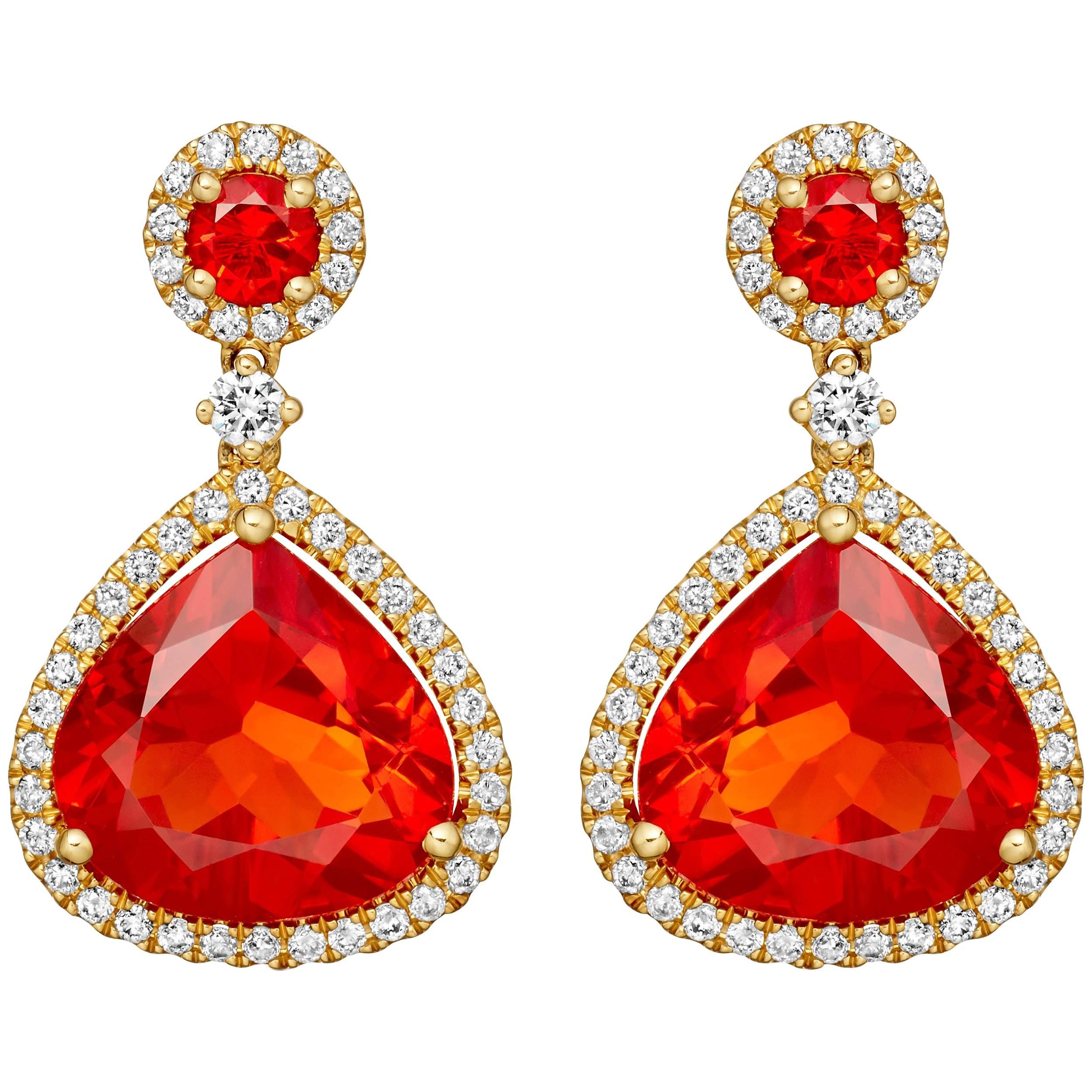 Kiki McDonough 18 Carat Yellow Gold Fire Opal and Diamond Drop Earrings For Sale