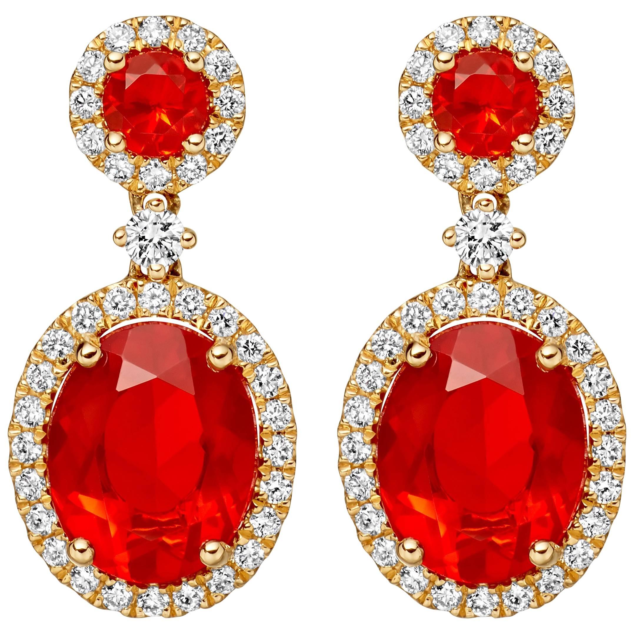 Kiki McDonough 18 Carat Yellow Gold Fire Opal Round and Oval Drop Earrings For Sale