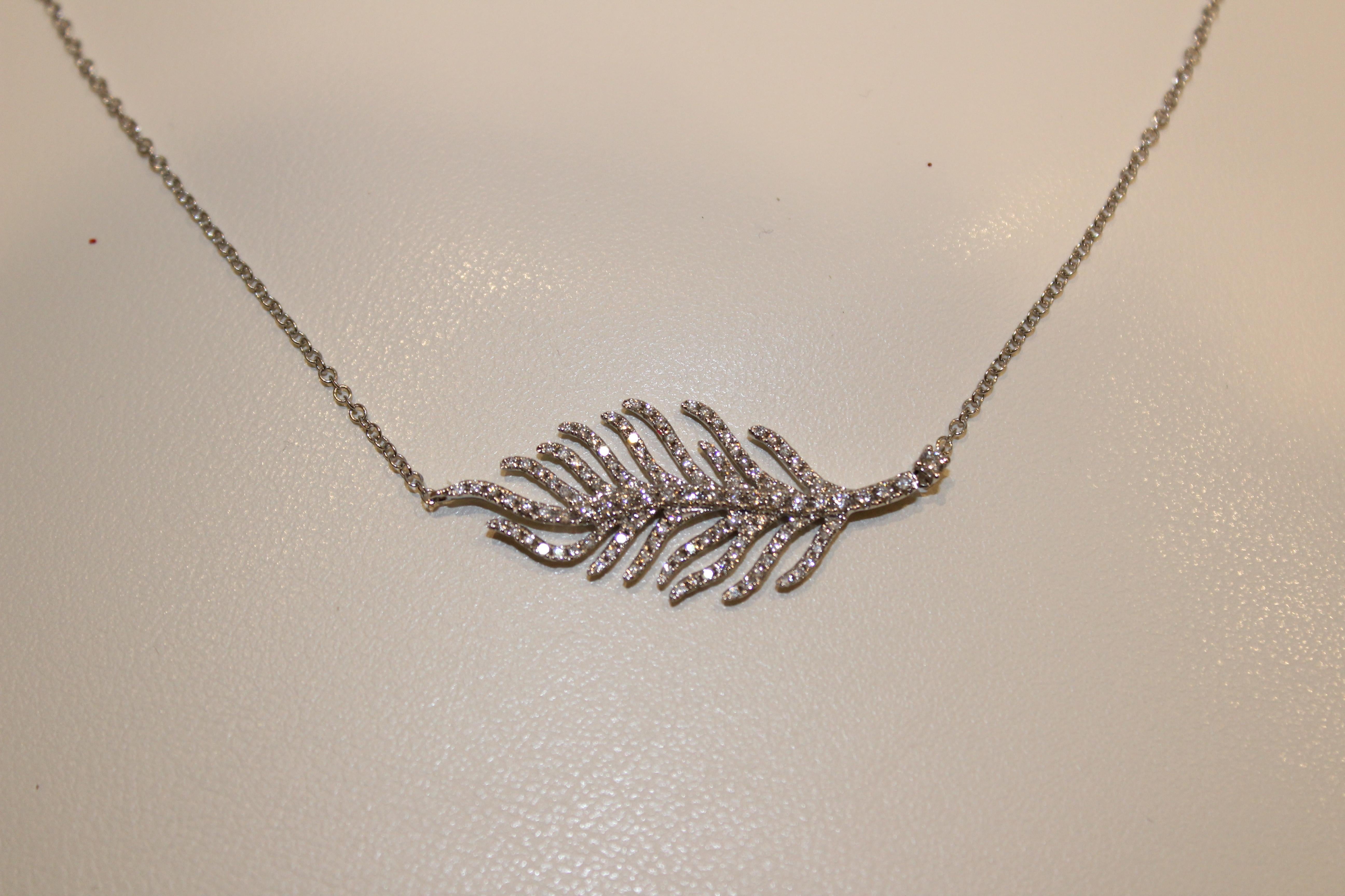 Round Cut Kiki McDonough 18 Karat White Gold Diamond Feather Necklace For Sale