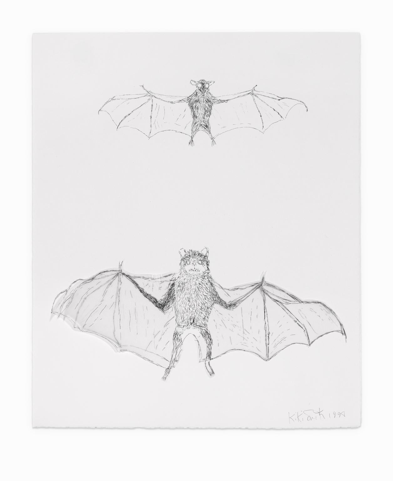 A collage lithograph from her series Various Flying Creatures by Kiki Smith titled: "bat." Smith has used one of her animal/insect iconic figures for this glassine paper and wove paper lithograph collage creating the bat close to life size and