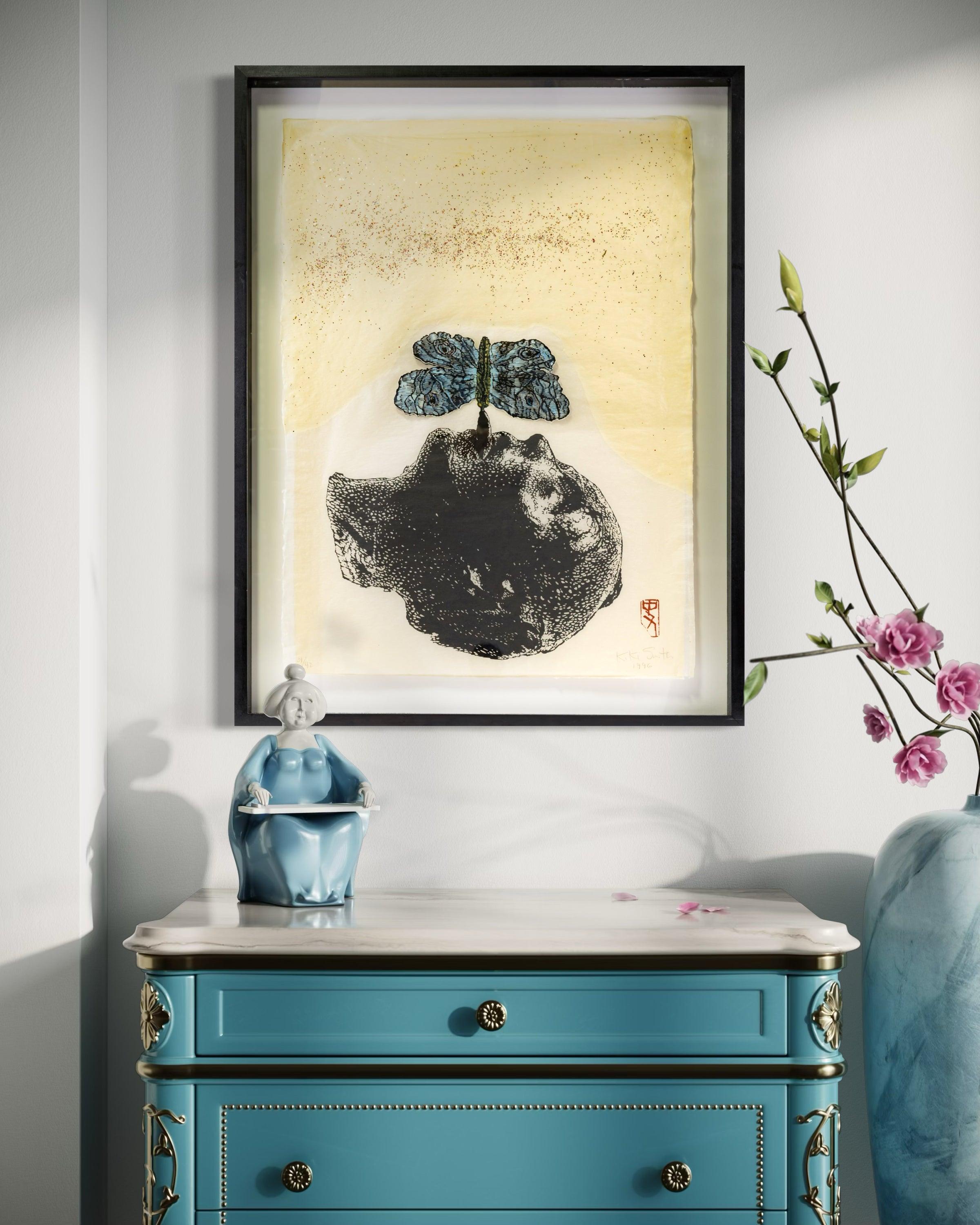 Artist: Kiki Smith
Title: Moth
Medium: Woodcut with Hand-Coloring, Glitter, and Layered Collage on Nepalese Paper
Edition: 31/42 (aside from 7 Artist's Proofs)
Size: 29 x 21 inches (73.7 x 53.3 cm)
Year: 1996
Inscription: Signed, dated, and numbered