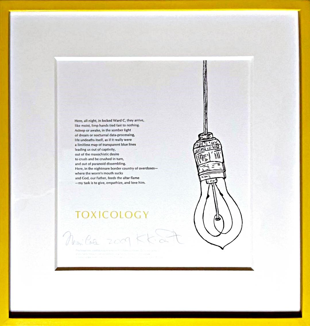 Kiki Smith
Toxicology, 2009
Linotype and engraving in black, gray, and yellow on white wove paper. Printed from a magnesium engraving on Vandercook cylinder presses. 
Hand signed by both Henri Cole and Kiki Smith; unnumbered from the limited edition