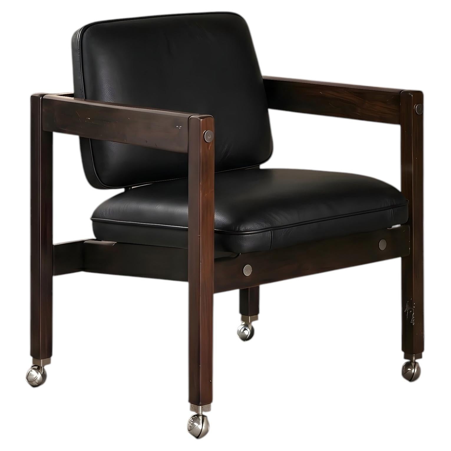 Kiko Armchair by Sérgio Rodrigues, Solid Wood and Black Leather For Sale