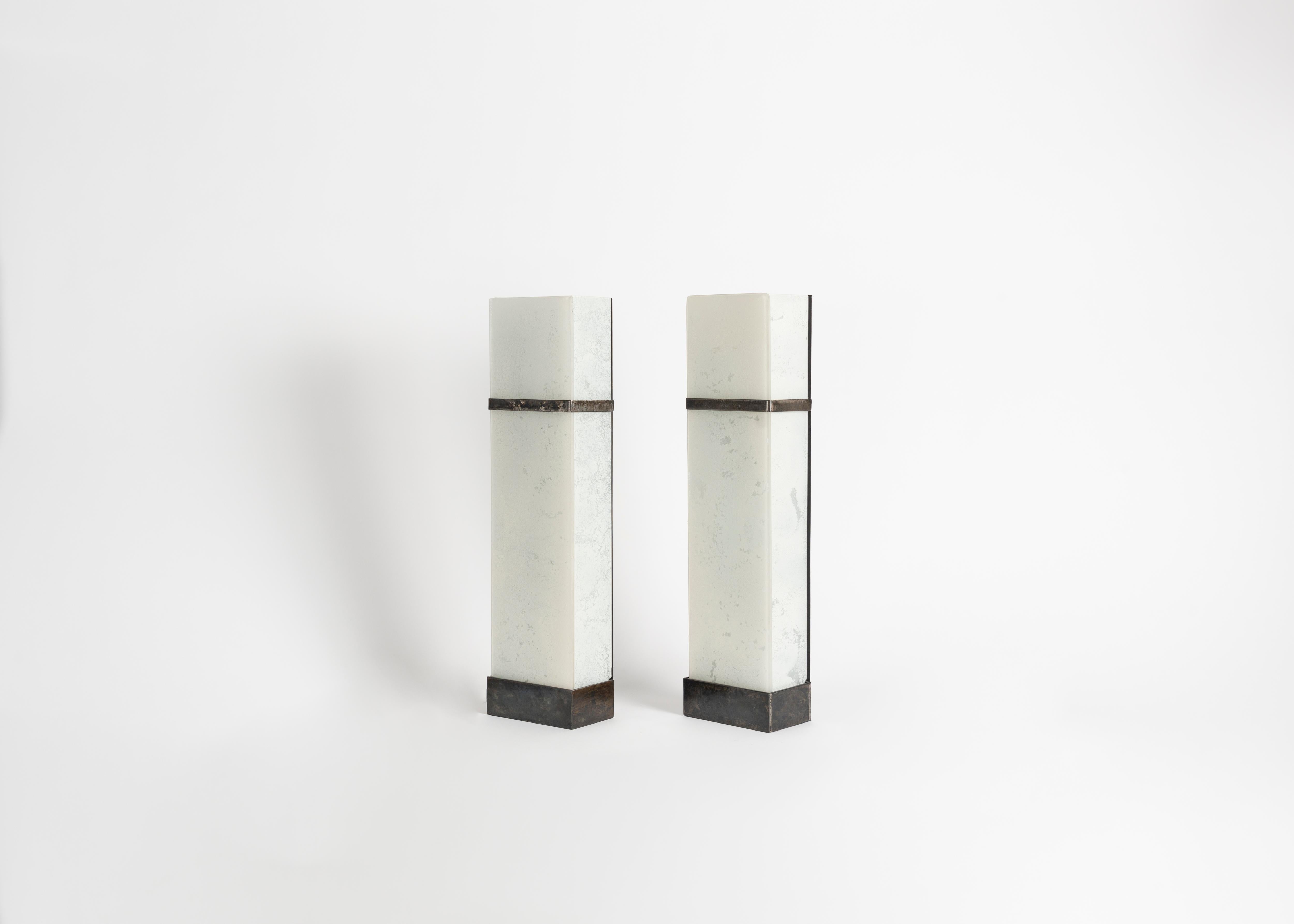 French Kiko Lopez, Pair of Rectangular Frosted Sconces, France, 1999