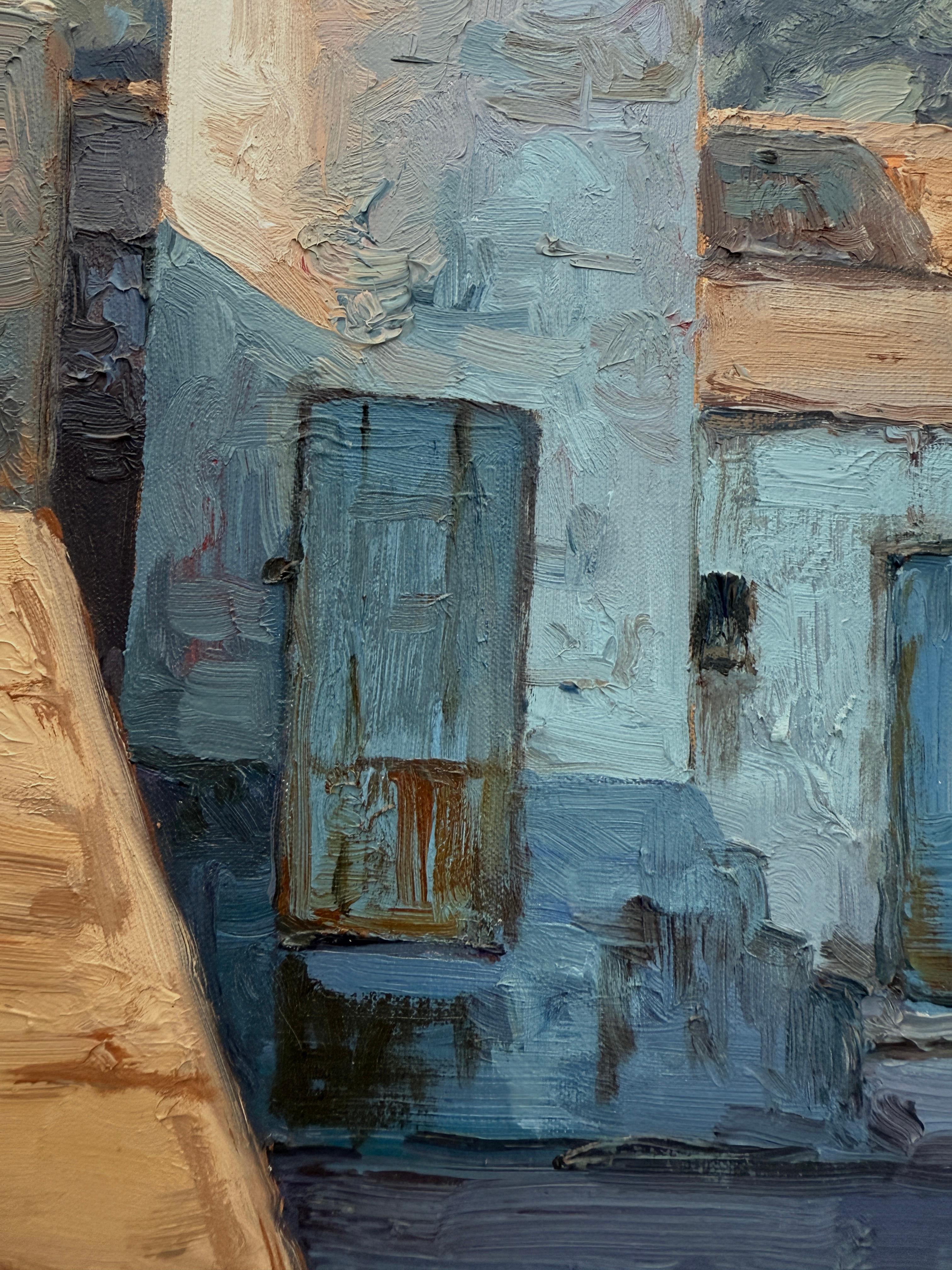Mediterranean Lighthouse oil on canvas painting art seascape - Post-Impressionist Painting by Kiku Poch