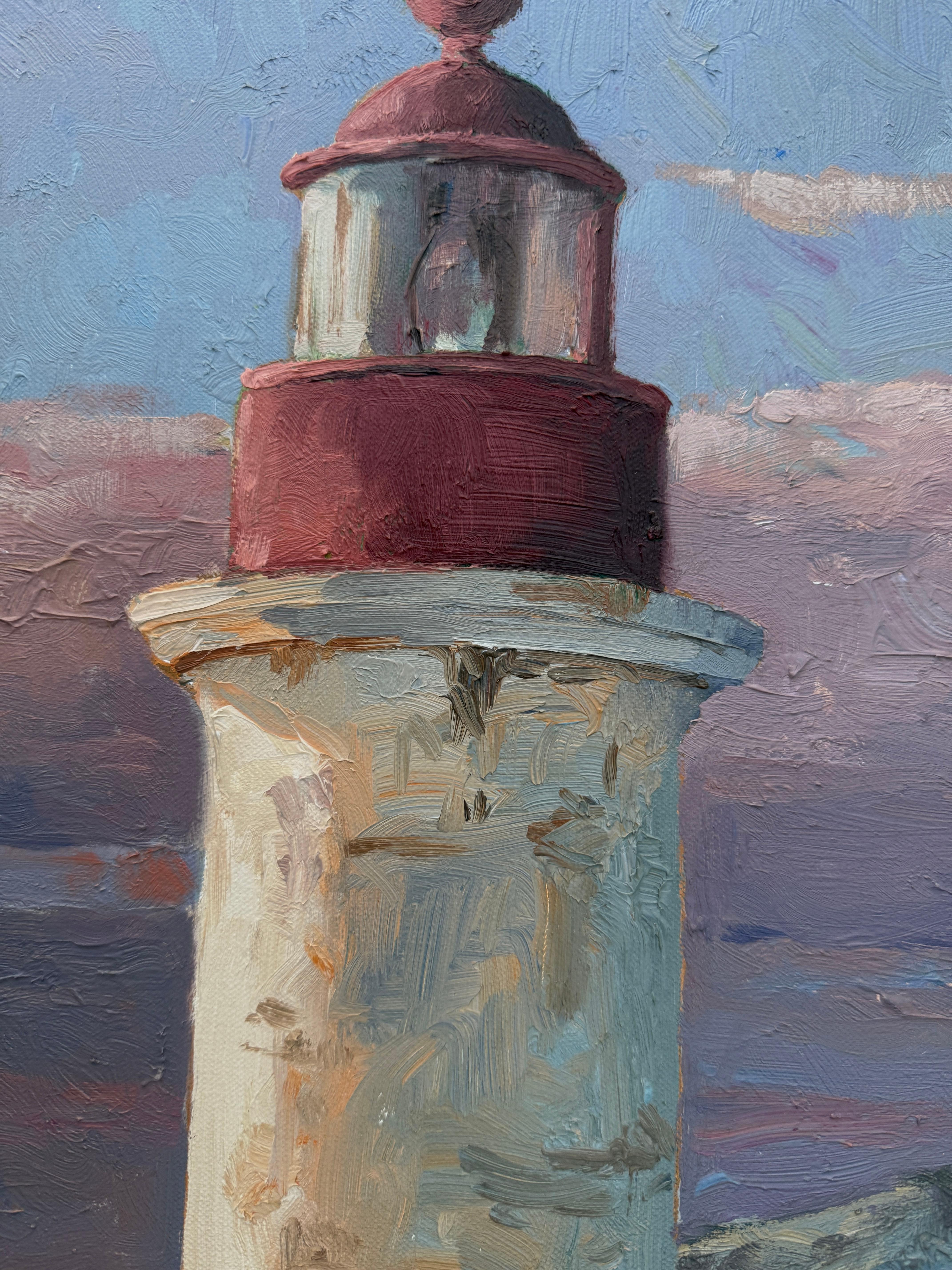 Mediterranean Lighthouse oil on canvas painting art seascape - Gray Landscape Painting by Kiku Poch