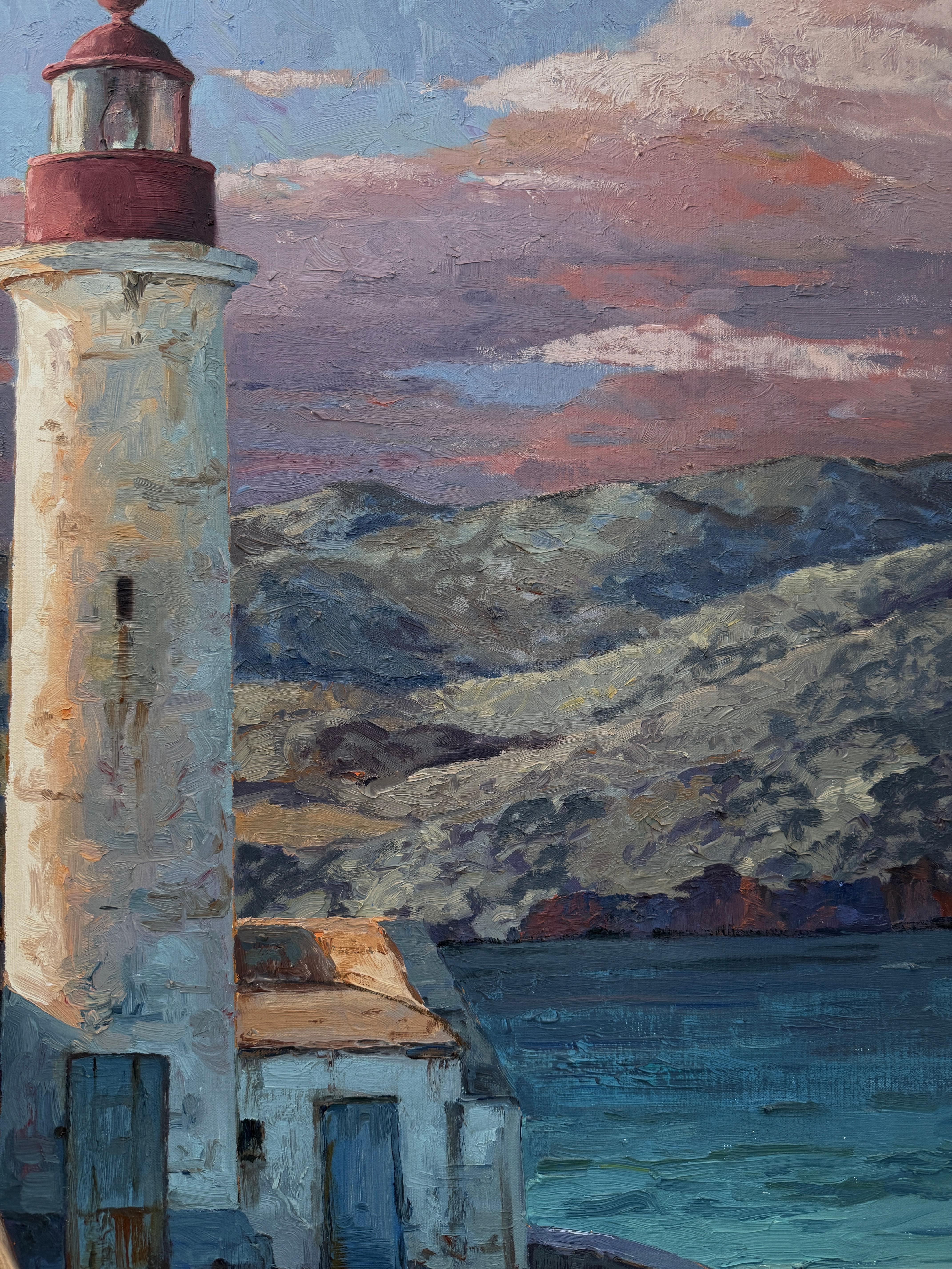 Mediterranean Lighthouse oil on canvas painting art seascape For Sale 2