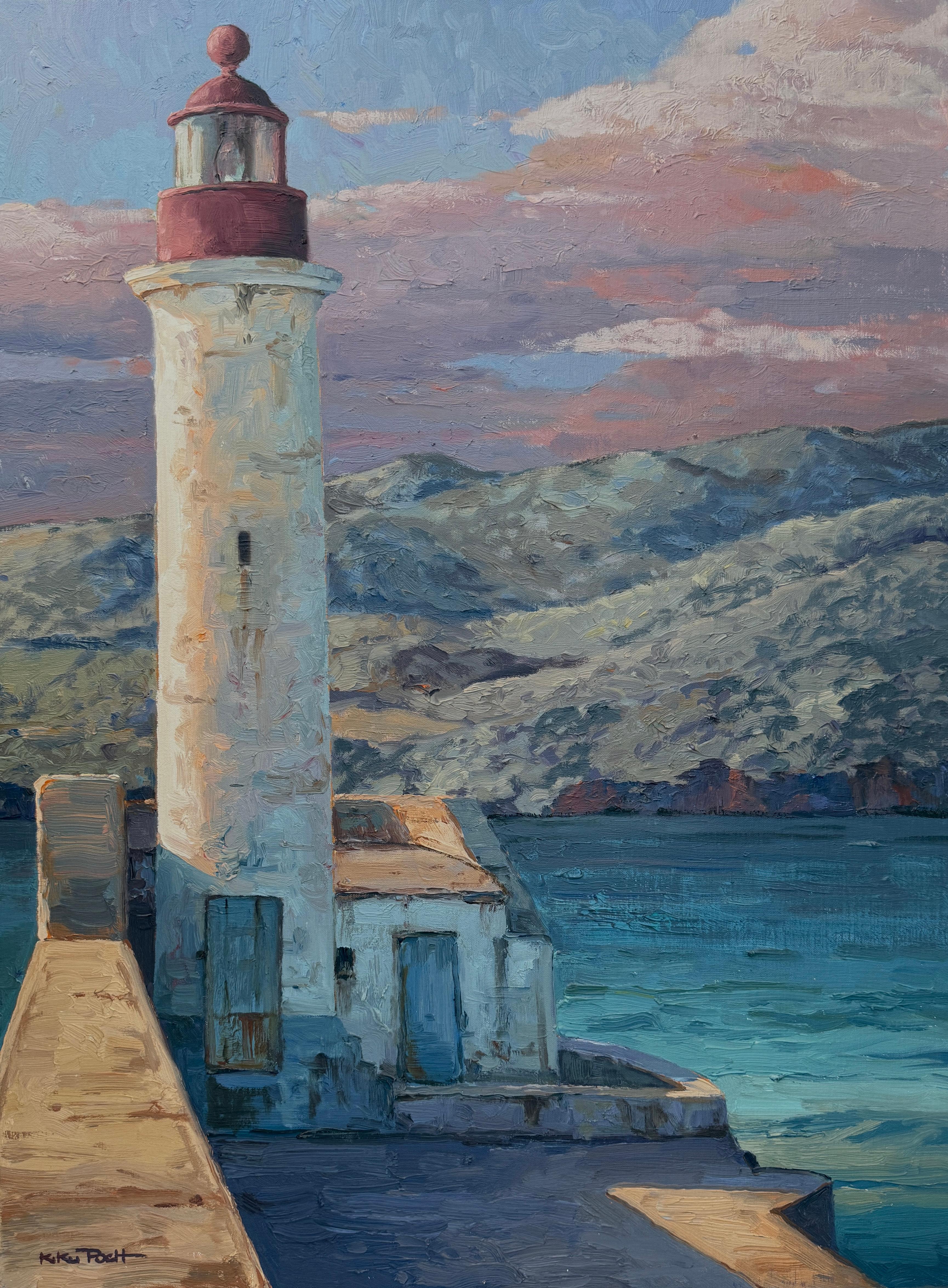 Kiku Poch Landscape Painting - Mediterranean Lighthouse oil on canvas painting art seascape